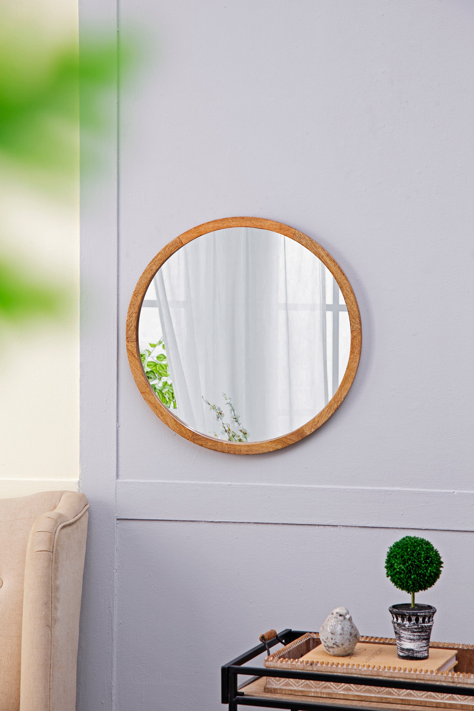 20" X 20" Circle Wall Mirror With Wooden Frame, Wall Mirror For Living Room, Dining Room, Foyer, Bathroom, Office Brown Wood Glass