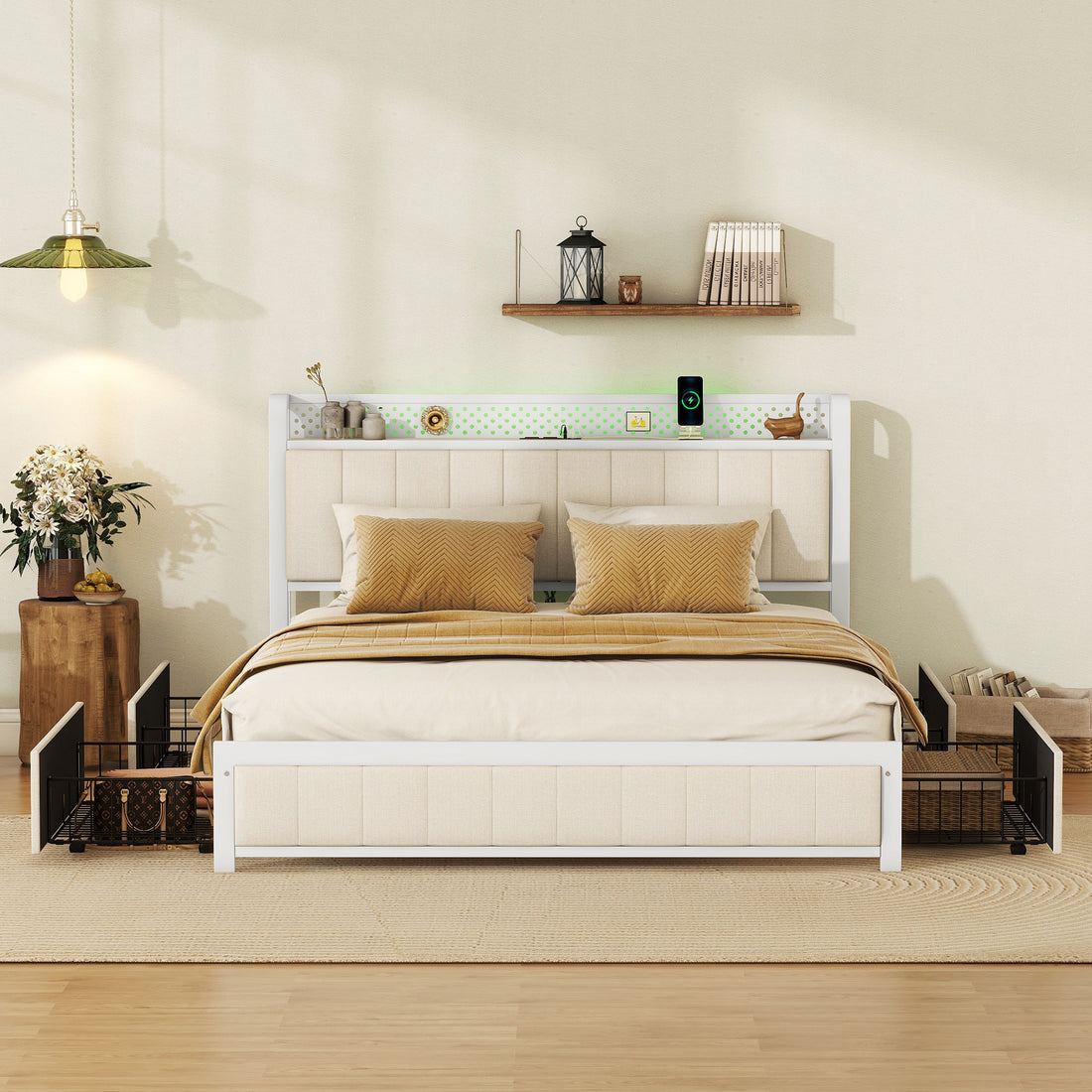 Queen Bed Frame With Led Headboard, Upholstered Bed With 4 Storage Drawers And Usb Ports, Beige Queen Beige Linen