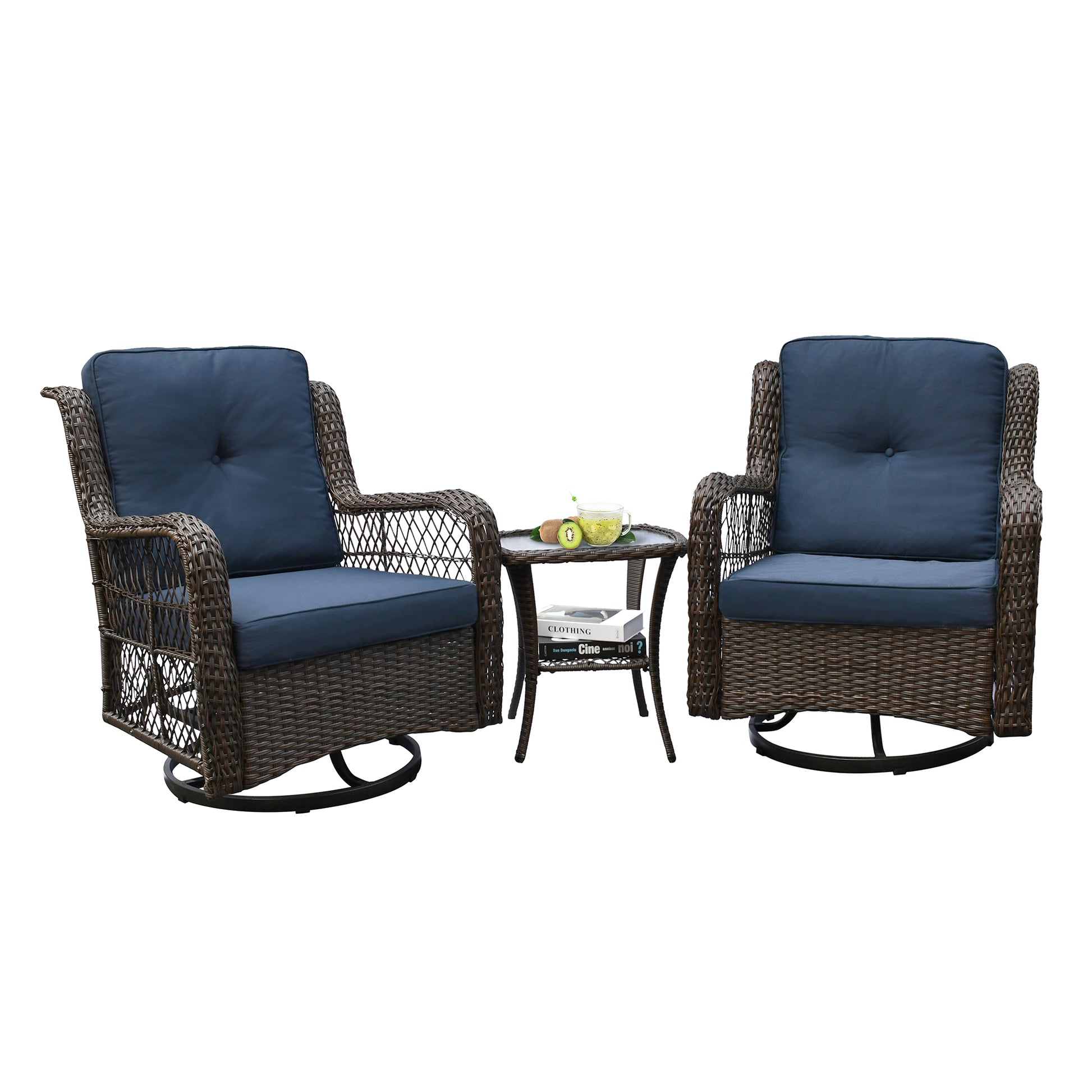Outdoor Bistro Set 3 Pieces, Outdoor Resin Wicker Swivel Rocker Patio Chair, 360 Degree Swivel Rocking Chairs And Tempered Glass Top Side Coffee Table, Outdoor Rattan Conversation Sets Navy Blue Yes Complete Patio Set Navy Blue Weather Resistant Frame