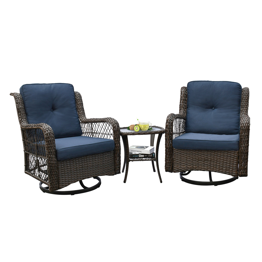 Outdoor Bistro Set 3 Pieces, Outdoor Resin Wicker Swivel Rocker Patio Chair, 360 Degree Swivel Rocking Chairs And Tempered Glass Top Side Coffee Table, Outdoor Rattan Conversation Sets Navy Blue Yes Complete Patio Set Navy Blue Weather Resistant Frame