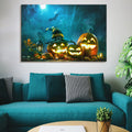 Drop Ping Framed Canvas Wall Art Decor Painting For Halloween, Jack O Lanterns With Wizard Hat Painting For Halloween Gift, Decoration For Halloween Living Room, Bedroom Decor Ready To Hang Multicolor Canvas