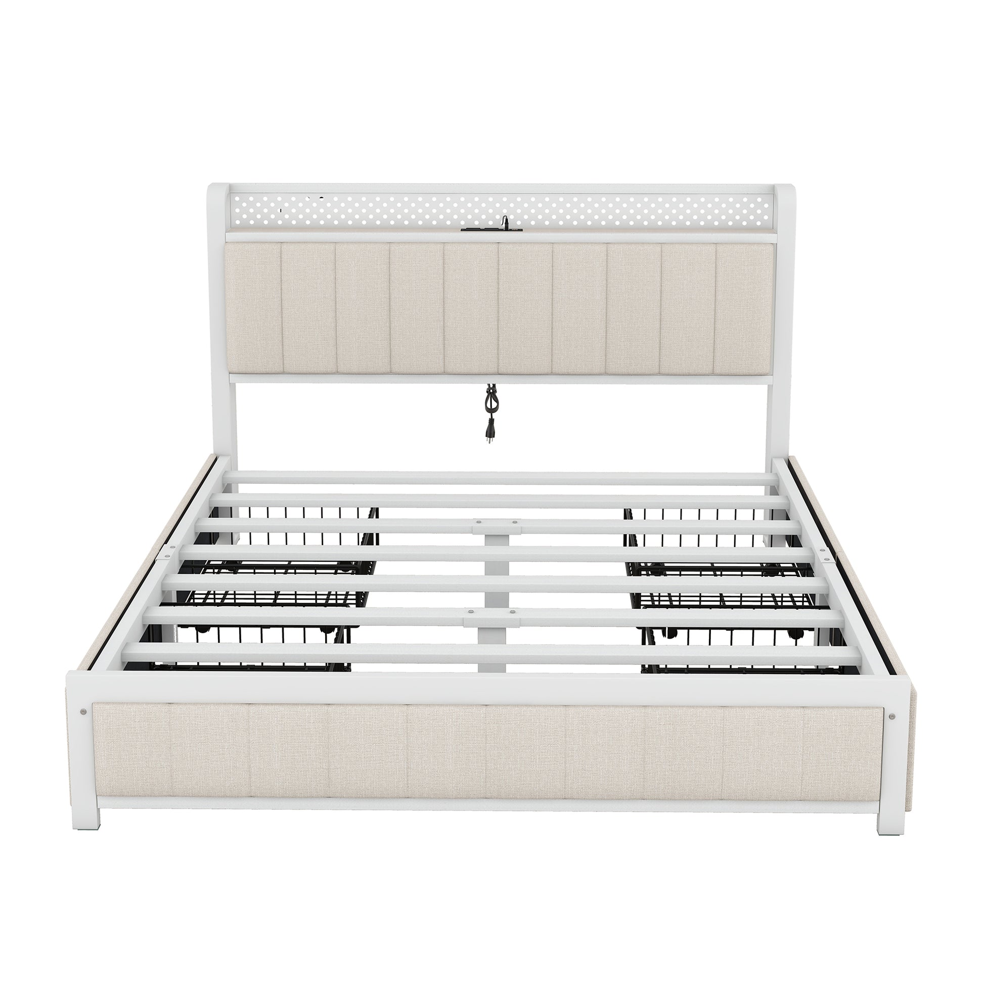 Queen Bed Frame With Led Headboard, Upholstered Bed With 4 Storage Drawers And Usb Ports, Beige Queen Beige Linen