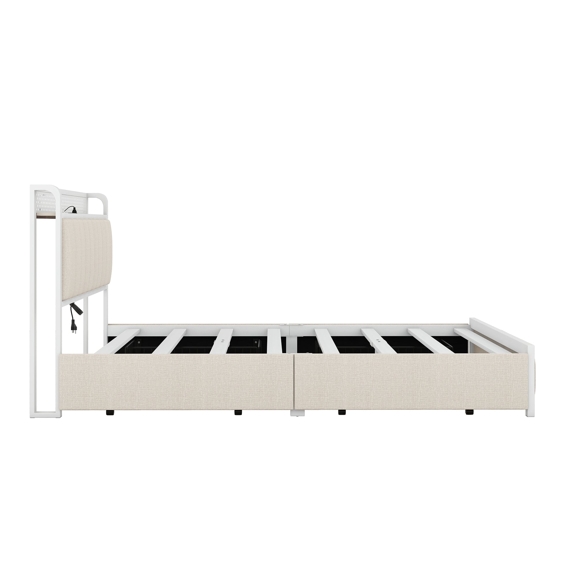 Queen Bed Frame With Led Headboard, Upholstered Bed With 4 Storage Drawers And Usb Ports, Beige Queen Beige Linen
