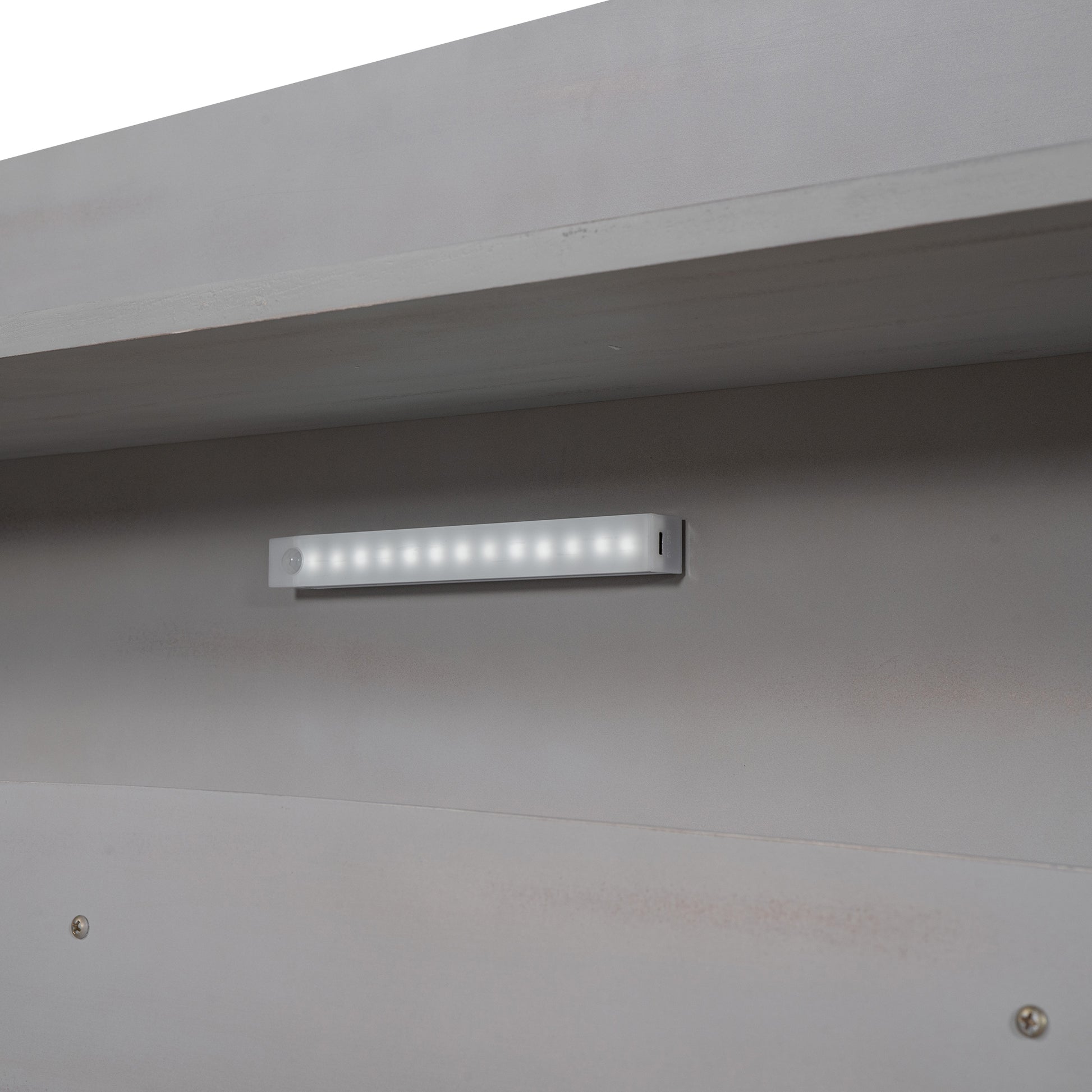 Wood Full Size Platform Bed With Built In Led Light, Storage Headboard And Guardrail, Antique Grey Box Spring Not Required Full Antique Gray Wood Bedroom Bed Frame Solid Wood Mdf