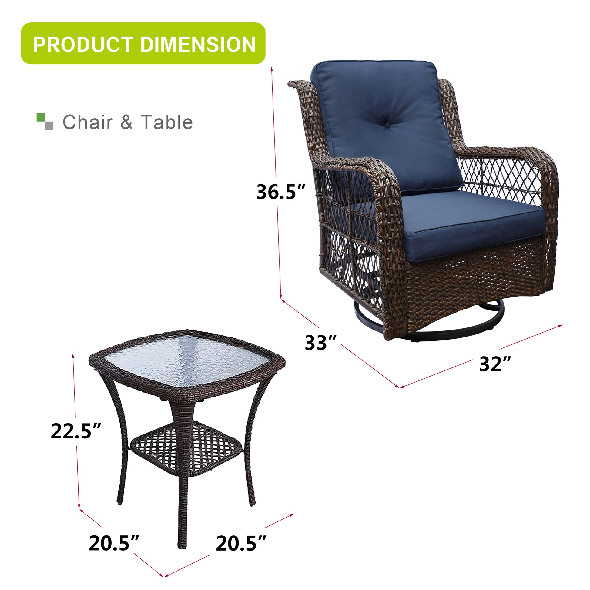 Outdoor Bistro Set 3 Pieces, Outdoor Resin Wicker Swivel Rocker Patio Chair, 360 Degree Swivel Rocking Chairs And Tempered Glass Top Side Coffee Table, Outdoor Rattan Conversation Sets Navy Blue Yes Complete Patio Set Navy Blue Weather Resistant Frame