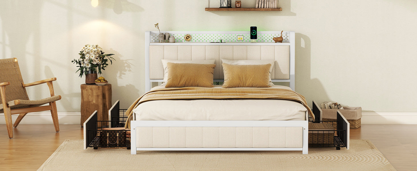 Queen Bed Frame With Led Headboard, Upholstered Bed With 4 Storage Drawers And Usb Ports, Beige Queen Beige Linen