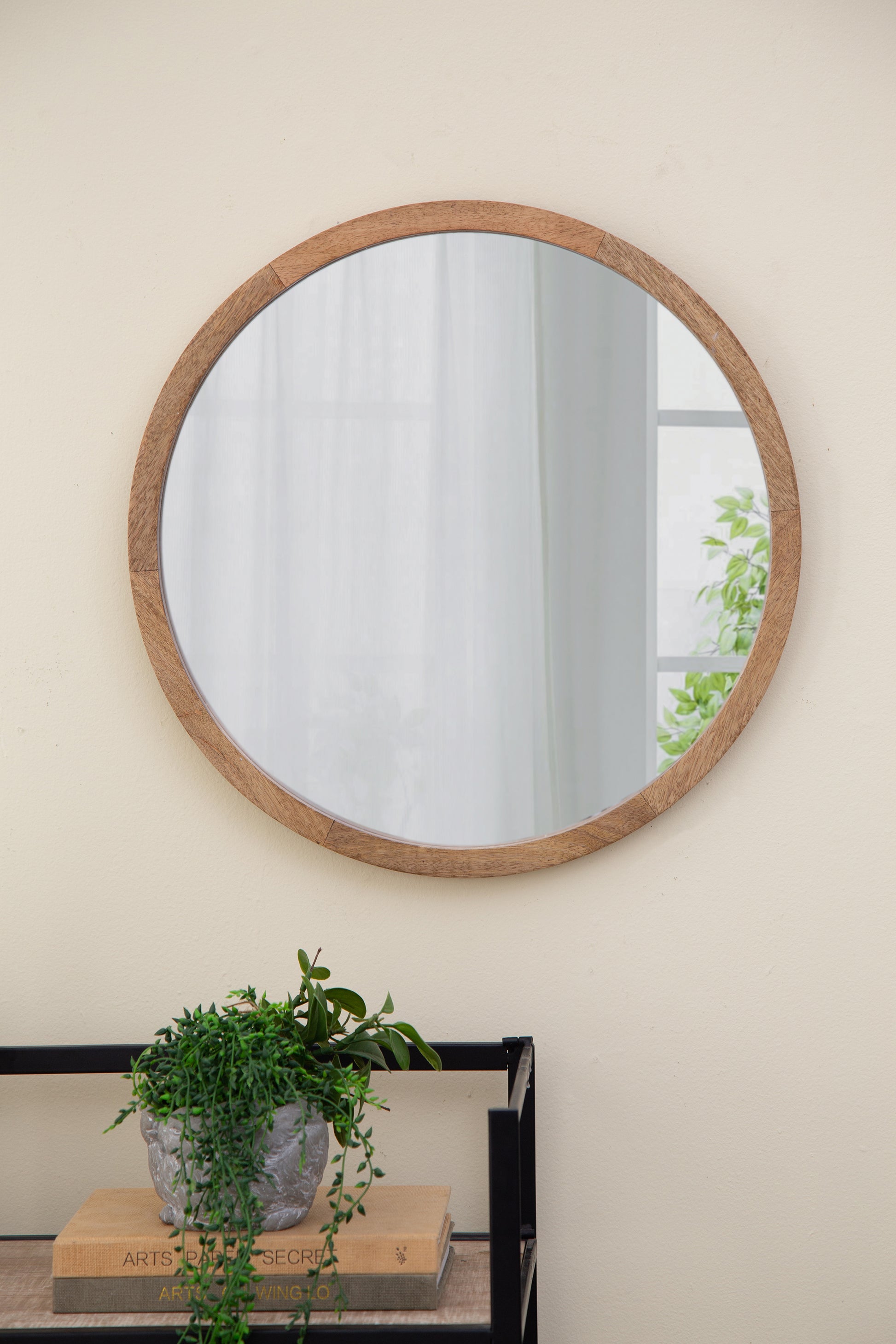 20" X 20" Circle Wall Mirror With Wooden Frame, Wall Mirror For Living Room, Dining Room, Foyer, Bathroom, Office Brown Wood Glass