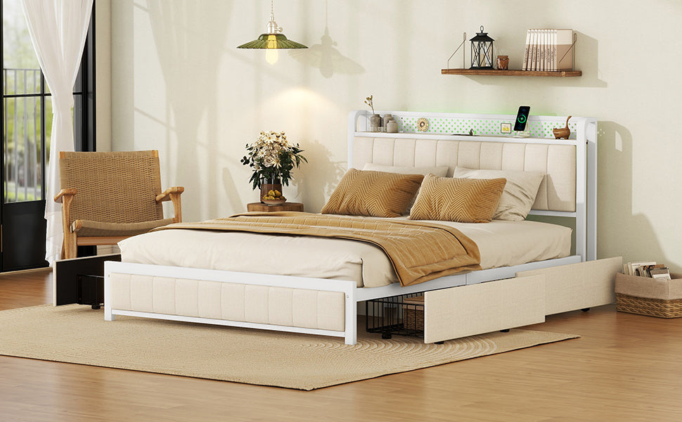 Queen Bed Frame With Led Headboard, Upholstered Bed With 4 Storage Drawers And Usb Ports, Beige Queen Beige Linen