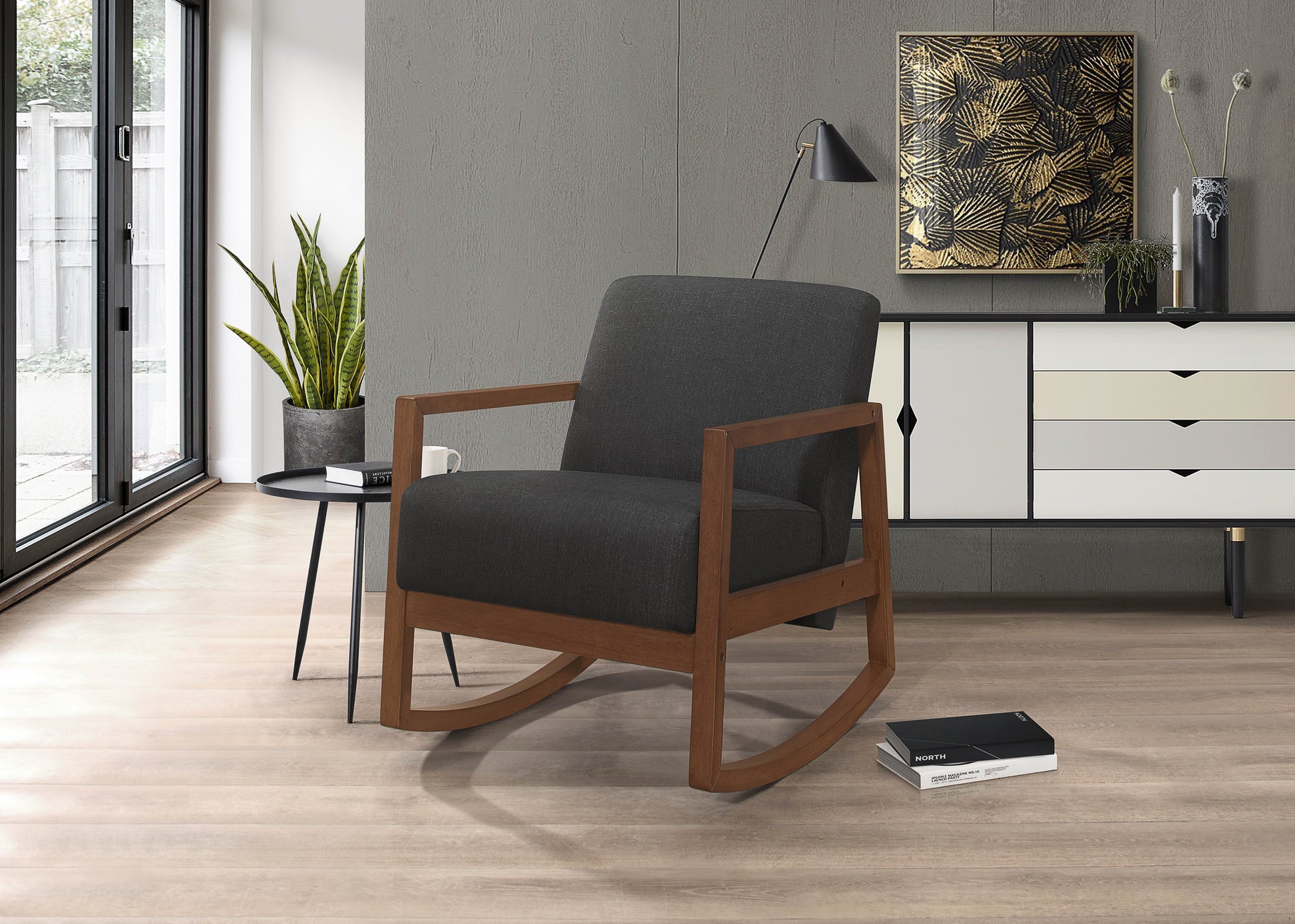 1Pc Rocker Accent Chair Modern Living Room Plush Cushion Dark Gray Soft Upholstery Hardwood Frame Elegant Style Comfort Relax Dark Gray Primary Living Space Modern Solid Wood