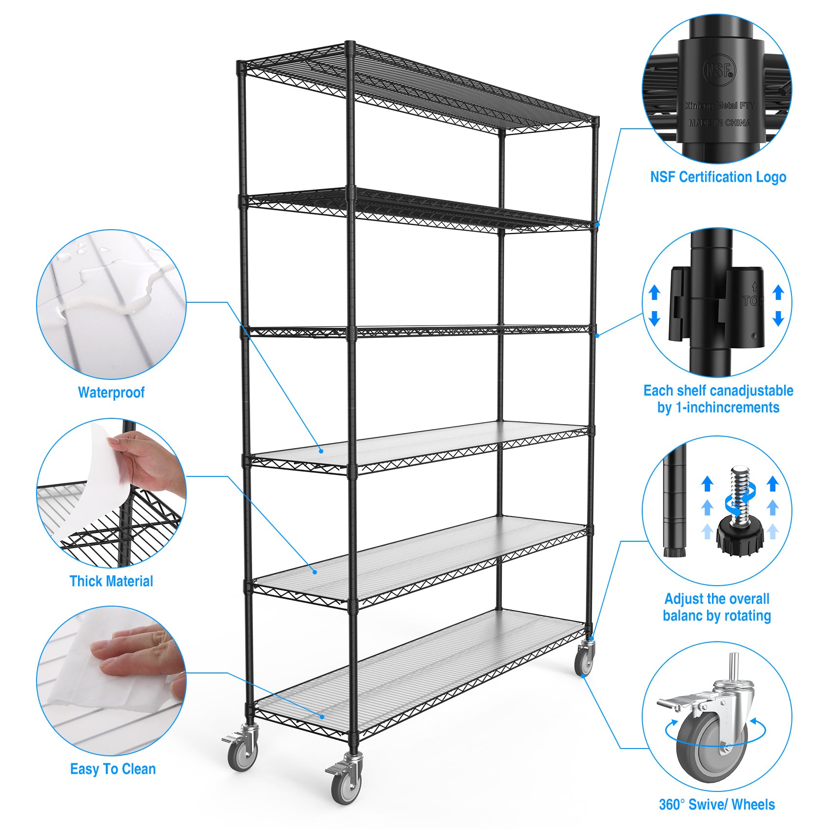 6 Tier Wire Shelving Unit, 6000 Lbs Nsf Height Adjustable Metal Garage Storage Shelves With Wheels, Heavy Duty Storage Wire Rack Metal Shelves Black 186082 Black Iron Plastic