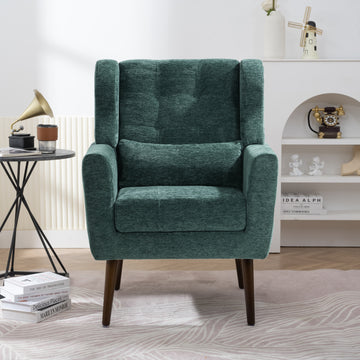 Modern Accent Chair,Chenille Arm Chairs For Living Room,Upholstered Mordern Armchair,Comfy Soft Padded Lounge Chair In Small Space, Bedroom, W Pillow, Solid Wood Leg Blackish Green Blackish Green Light Brown Primary Living Space Modern Rubberwood Foam