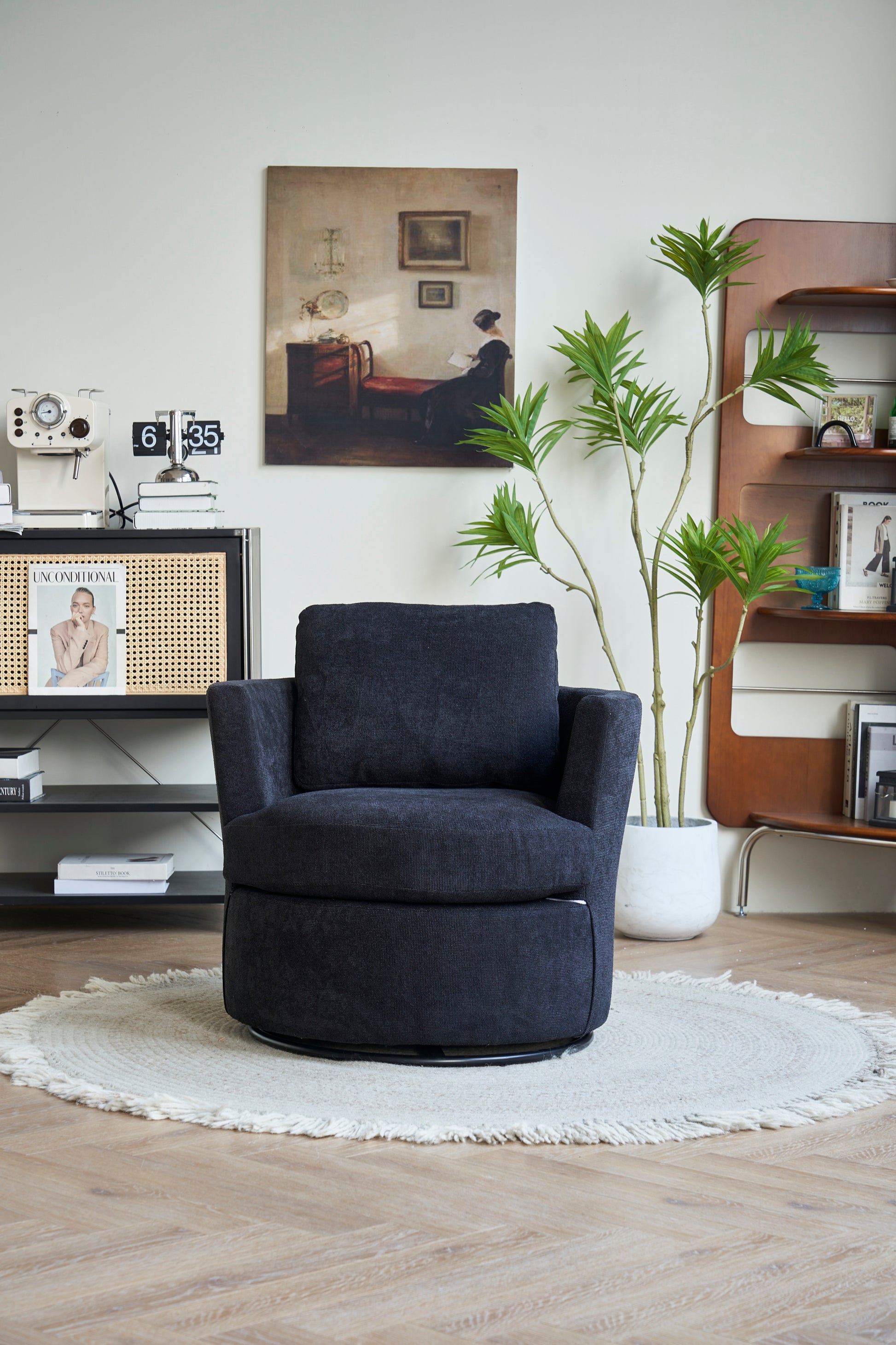 Swivel Barrel Chair, Comfy Round Accent Sofa Chair For Living Room, 360 Degree Swivel Barrel Club Chair, Leisure Arm Chair For Nursery, Hotel, Bedroom, Office, Lounge Black Black Primary Living Space Modern Foam Polyester