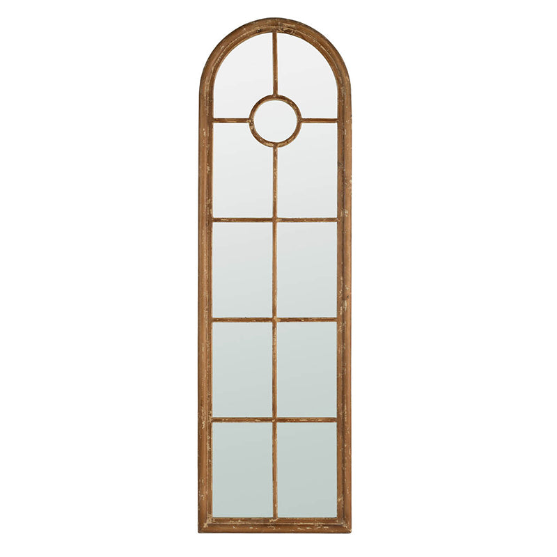 24X79" Half Round Elongated Mirror With Decorative Window Look Classic Architecture Style Solid Fir Wood Interior Decor Brown Wood Glass