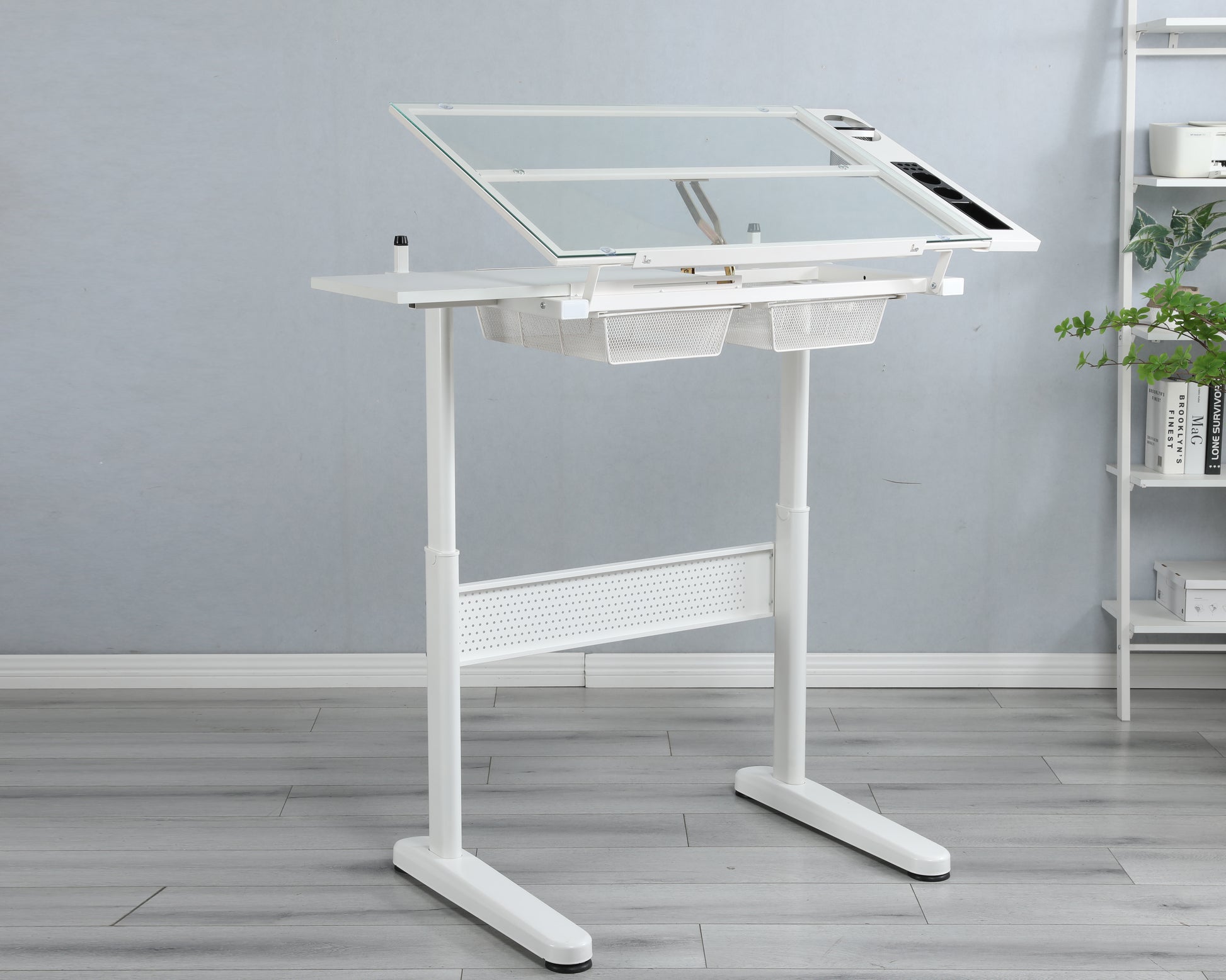 Hand Crank Adjustable Drafting Table Drawing Desk With 2 Metal Drawers White With Stool White Tempered Glass Sheet Metal Plastic