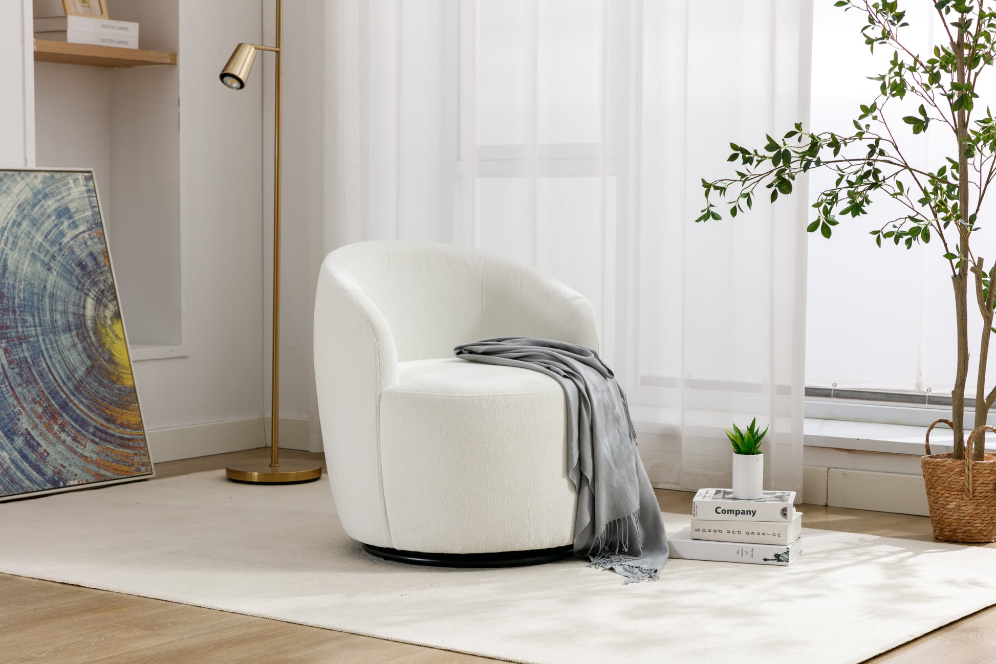 Chenille Fabric Swivel Accent Armchair Barrel Chair With Black Powder Coating Metal Ring,Ivory Ivory Foam Chenille