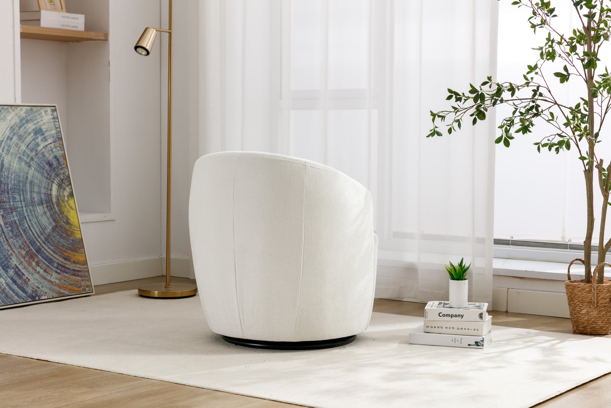Chenille Fabric Swivel Accent Armchair Barrel Chair With Black Powder Coating Metal Ring,Ivory Ivory Foam Chenille