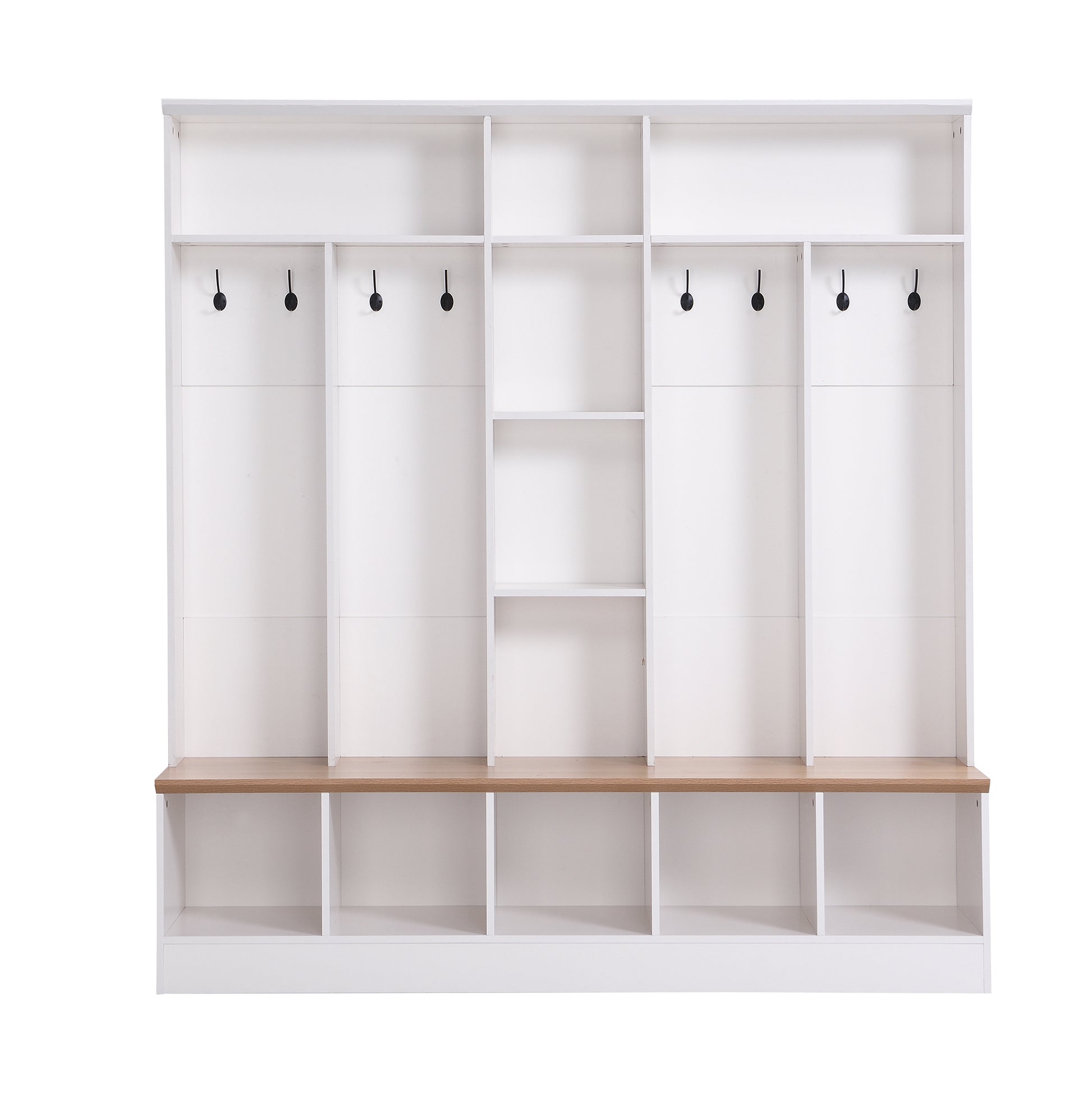 Wide Design Hall Tree With Storage Bench, Minimalist Shoe Cabinet With Cube Storage & Shelves, Multifunctional Coat Rack With 8 Hooks For Entryways, Mudroom, White White Primary Living Space