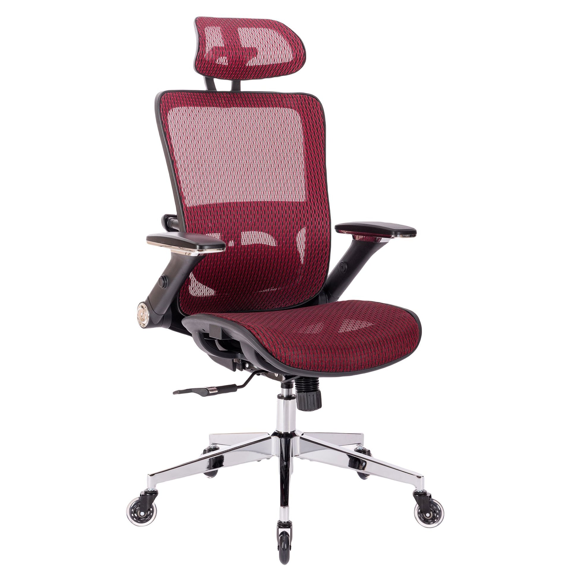 Red Ergonomic Mesh Office Chair, High Back Adjustable Headrest With Flip Up Arms, Tilt And Lock Function, Lumbar Support And Blade Wheels, Kd Chrome Metal Legs Red Office American Design Office Chairs Foam Plastic