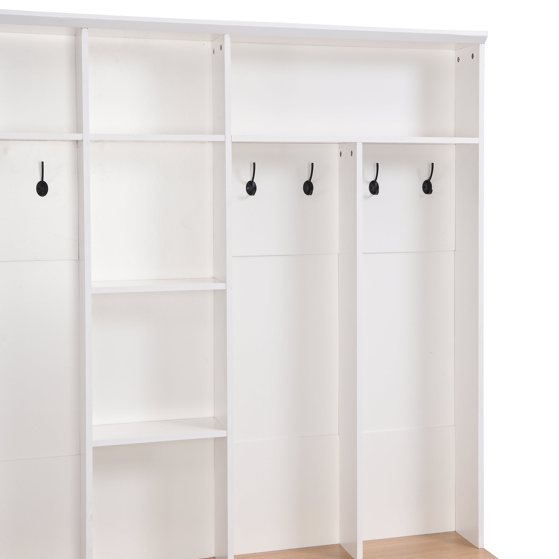 Wide Design Hall Tree With Storage Bench, Minimalist Shoe Cabinet With Cube Storage & Shelves, Multifunctional Coat Rack With 8 Hooks For Entryways, Mudroom, White White Primary Living Space