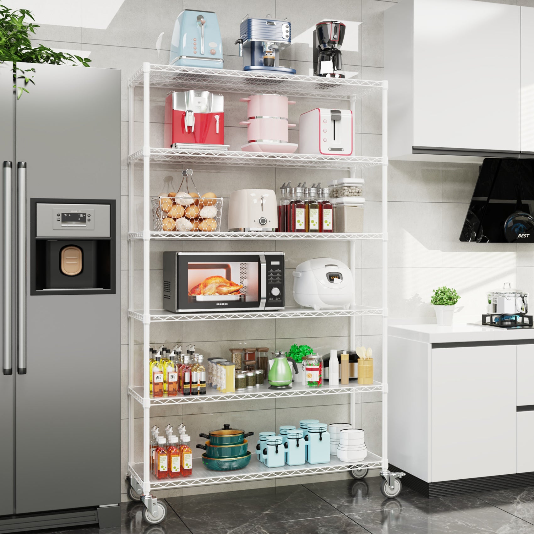 6 Tier Wire Shelving Unit, 6000 Lbs Nsf Height Adjustable Metal Garage Storage Shelves With Wheels, Heavy Duty Storage Wire Rack Metal Shelves White 204882 White Iron Plastic