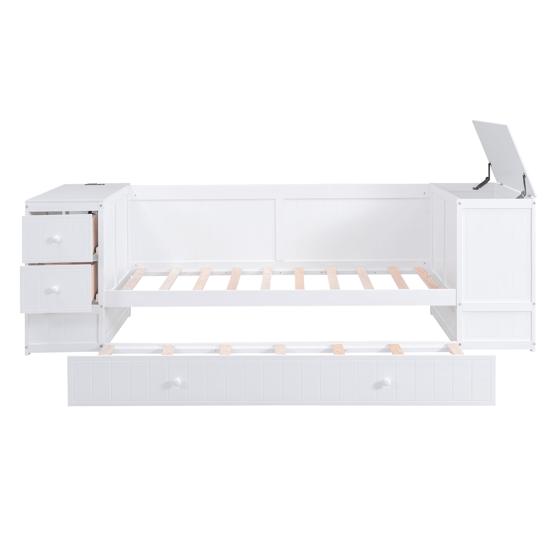 Twin Size Daybed With Storage Arms, Trundle And Charging Station, White Box Spring Not Required Twin White Wood Daybeds Solid Wood Mdf