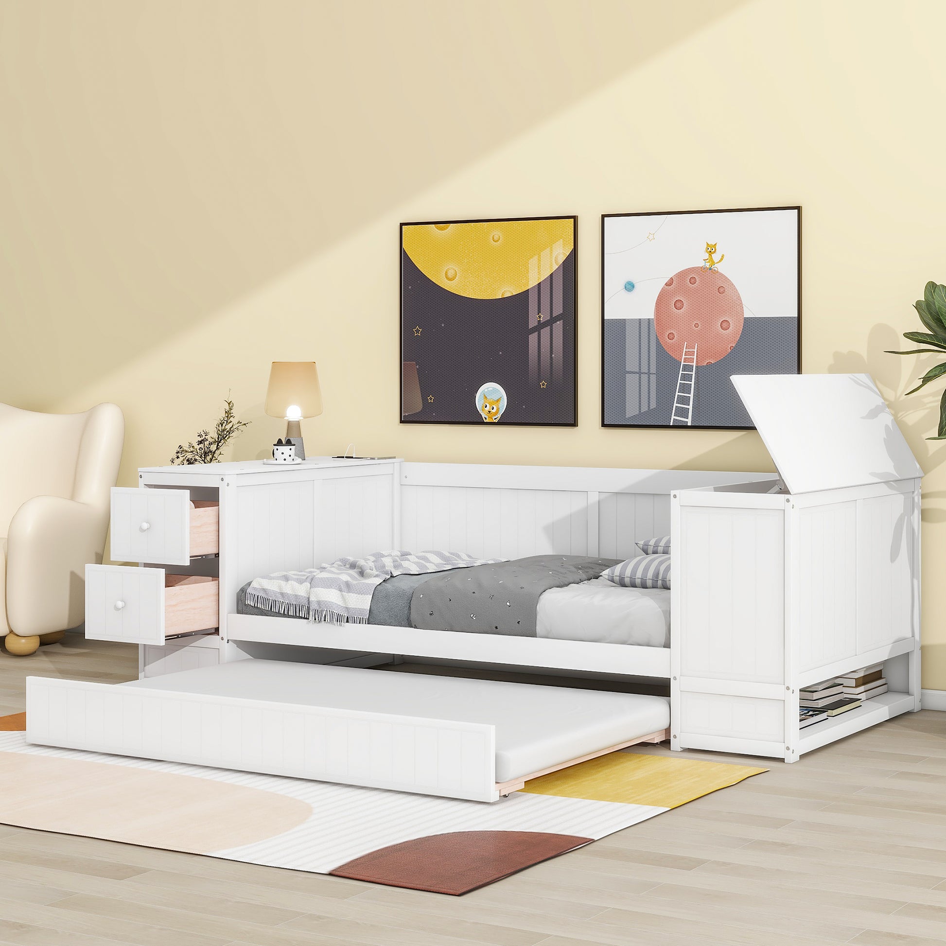 Twin Size Daybed With Storage Arms, Trundle And Charging Station, White Box Spring Not Required Twin White Wood Daybeds Solid Wood Mdf