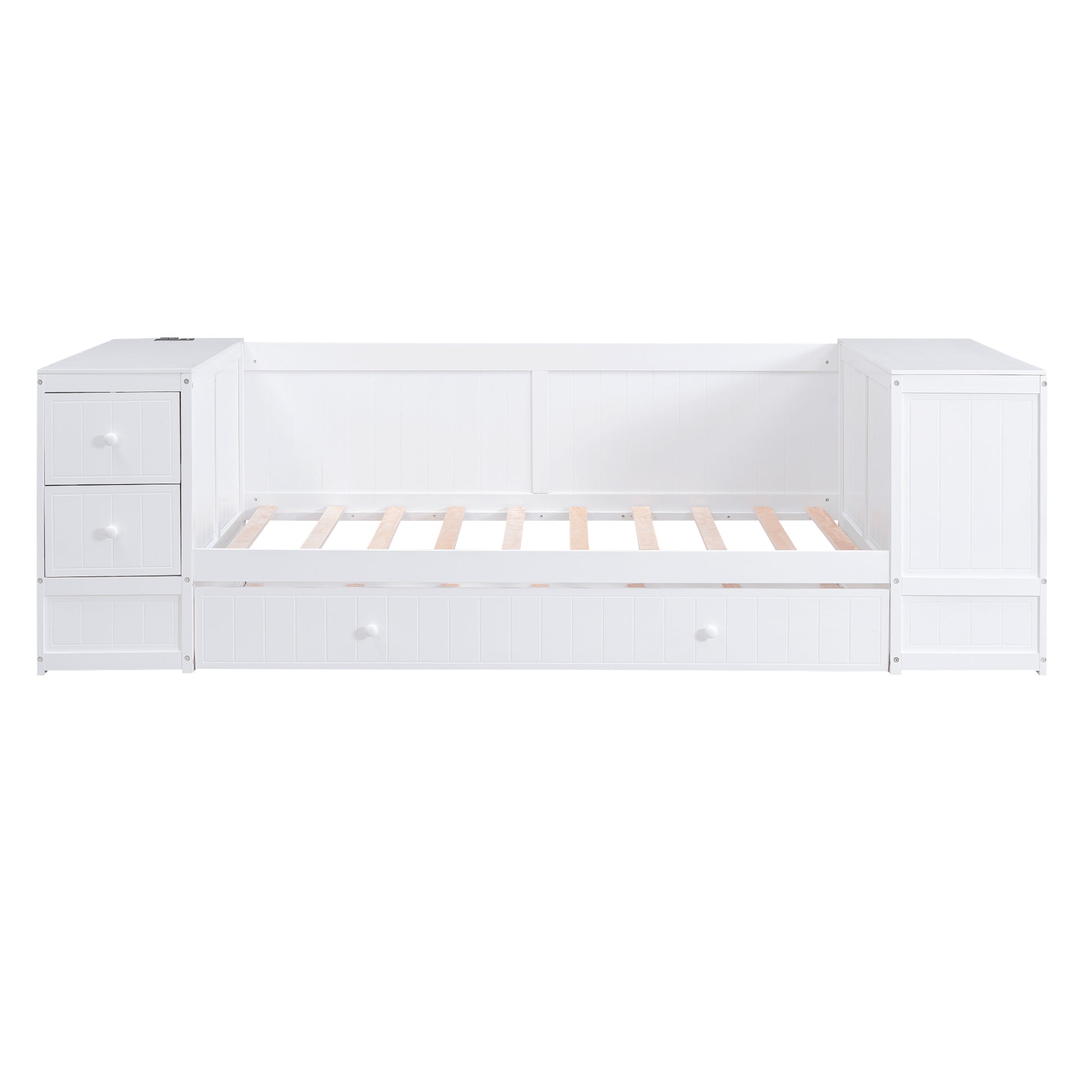 Twin Size Daybed With Storage Arms, Trundle And Charging Station, White Box Spring Not Required Twin White Wood Daybeds Solid Wood Mdf
