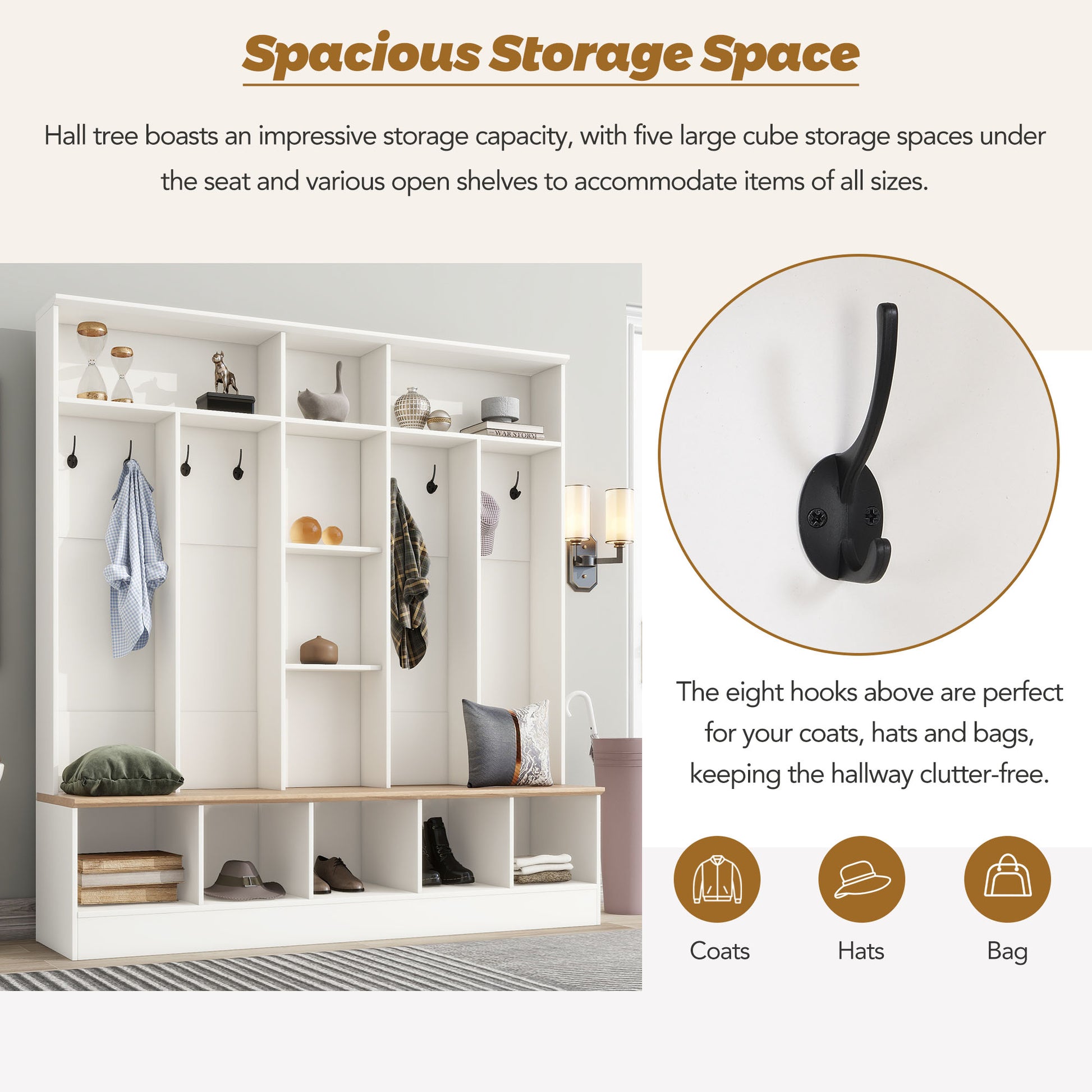 Wide Design Hall Tree With Storage Bench, Minimalist Shoe Cabinet With Cube Storage & Shelves, Multifunctional Coat Rack With 8 Hooks For Entryways, Mudroom, White White Primary Living Space