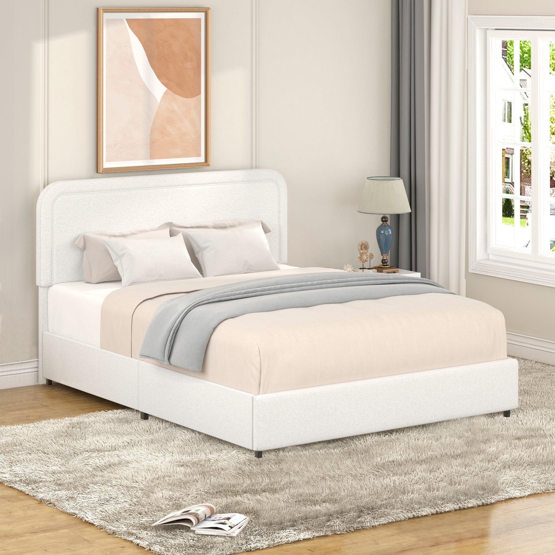 Liv Patented 2 Drawers Storage Bed Queen Size Ivory Boucle Upholstered Platform Bed, Curved Stitched Tufted Headboard, Wooden Slat Mattress Support, No Box Spring Needed Box Spring Not Required