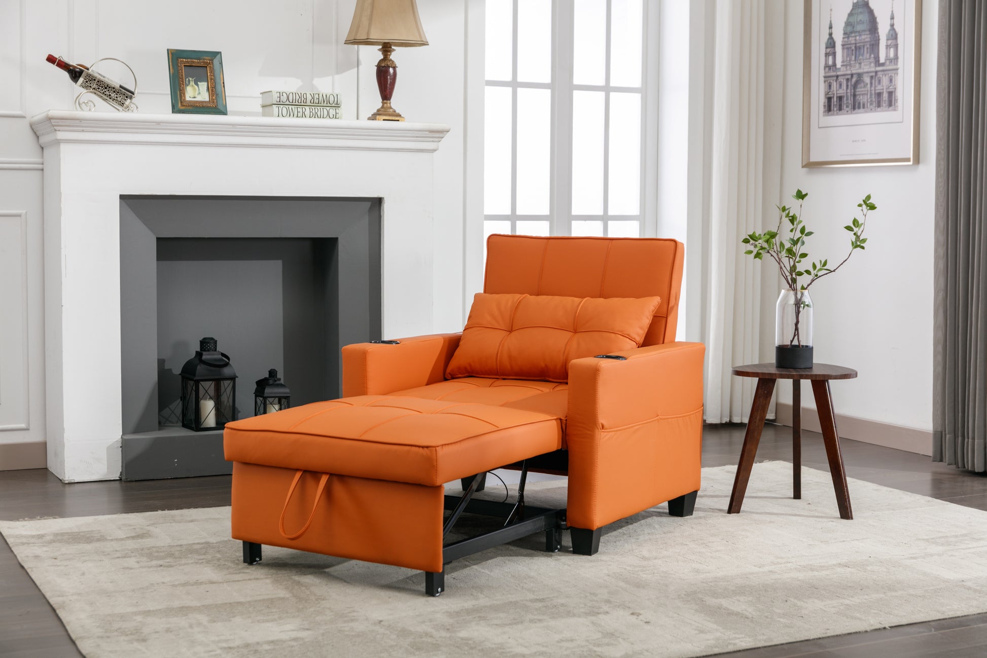 Futon Chair Bed Convertible Chair 3 In 1 Pull Out Sleeper Chair Beds With Usb Ports,Wear Resistant And Anti Scratch, Armchair Bed Sleeper For Living Room Orange Leather Orange Foam Leather 1 Seat