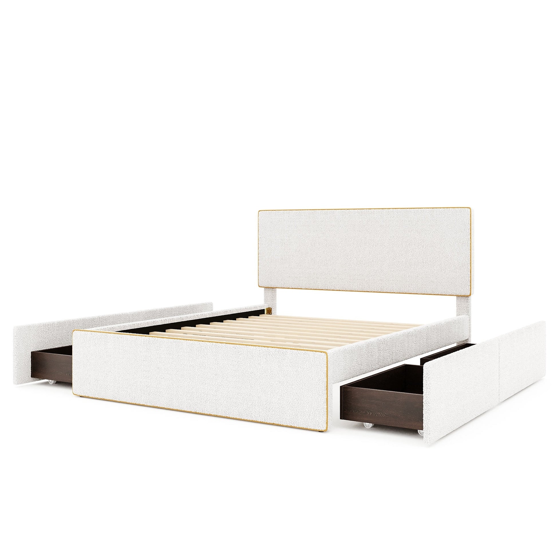 Full Size Upholstered Platform Bed With 4 Drawers And Golden Edge On The Headboard & Footboard, White Full White Upholstered
