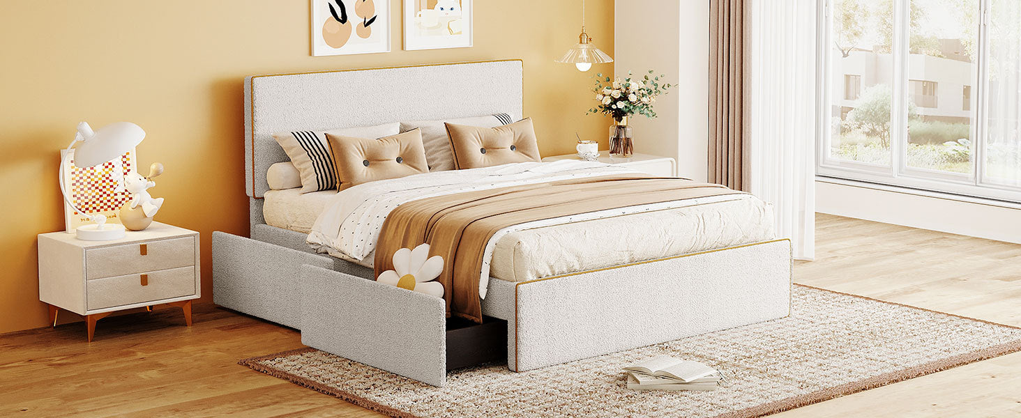 Full Size Upholstered Platform Bed With 4 Drawers And Golden Edge On The Headboard & Footboard, White Full White Upholstered