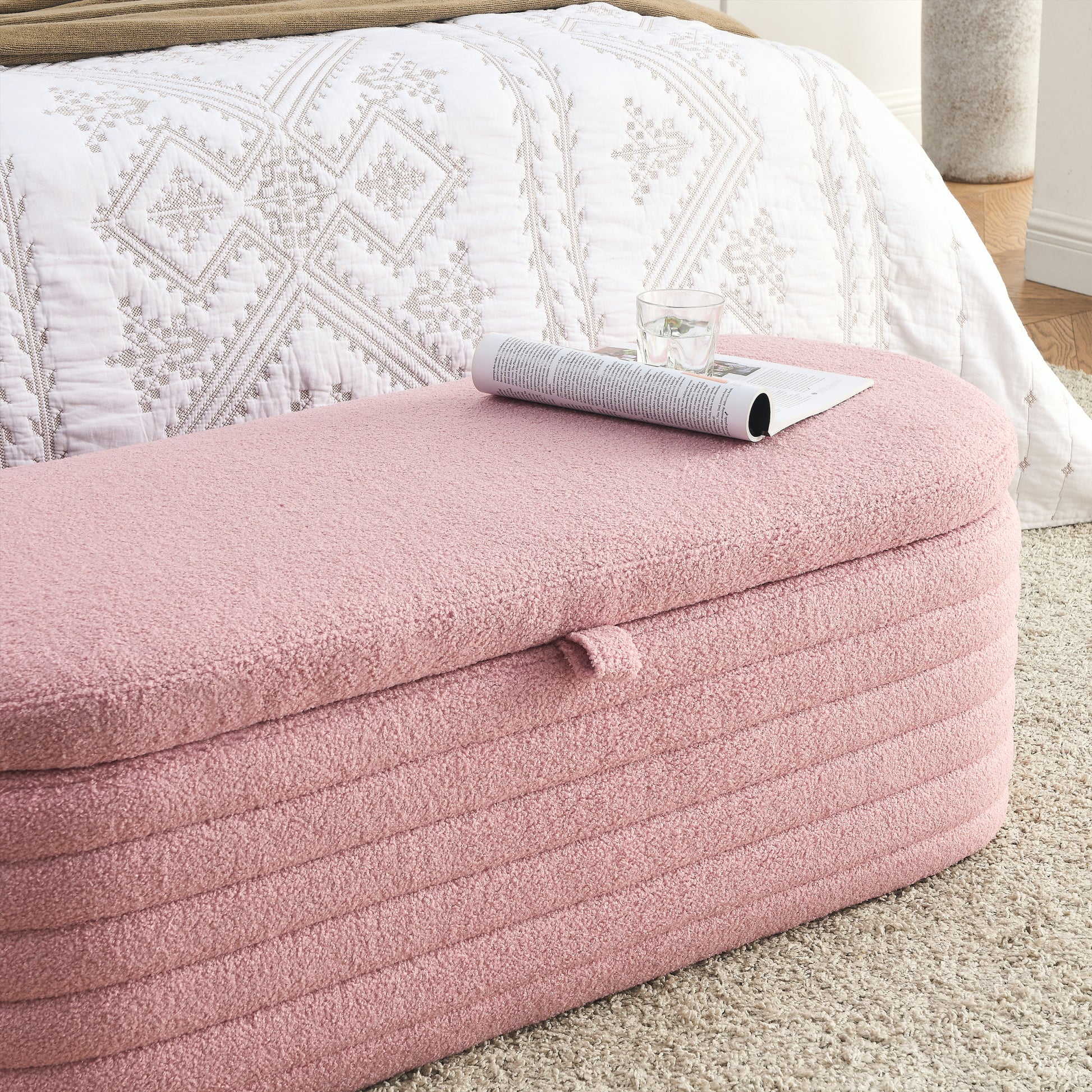 Video Welike Length 45.5 Inchesstorage Ottoman Bench Upholstered Fabric Storage Bench End Of Bed Stool With Safety Hinge For Bedroom, Living Room, Entryway, Pink Teddy. Pink Teddy Foam Fabric