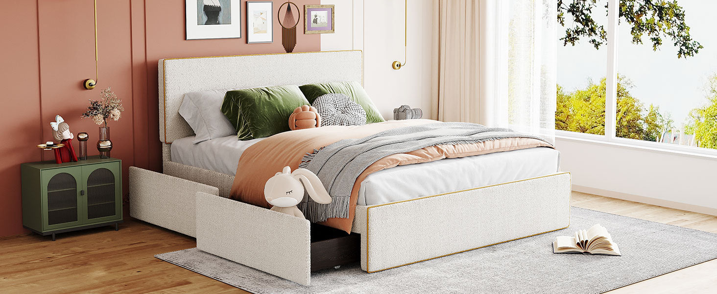 Queen Size Upholstered Platform Bed With 4 Drawers And Golden Edge On The Headboard & Footboard, White Queen White Upholstered