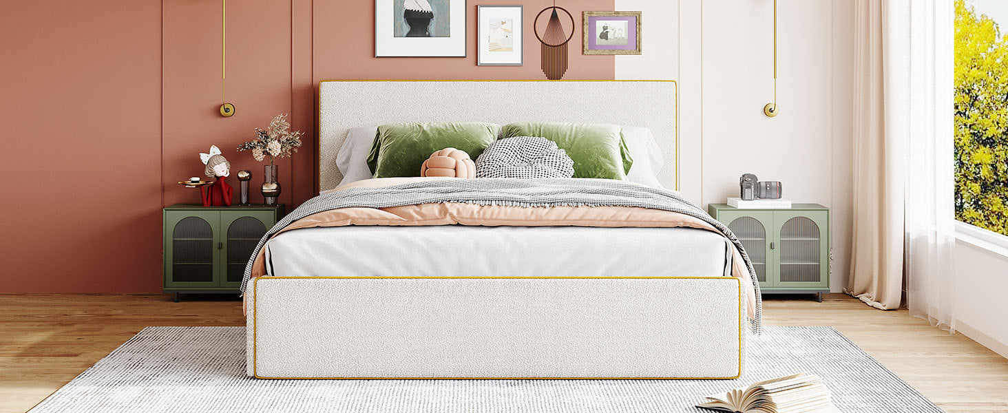 Queen Size Upholstered Platform Bed With 4 Drawers And Golden Edge On The Headboard & Footboard, White Queen White Upholstered