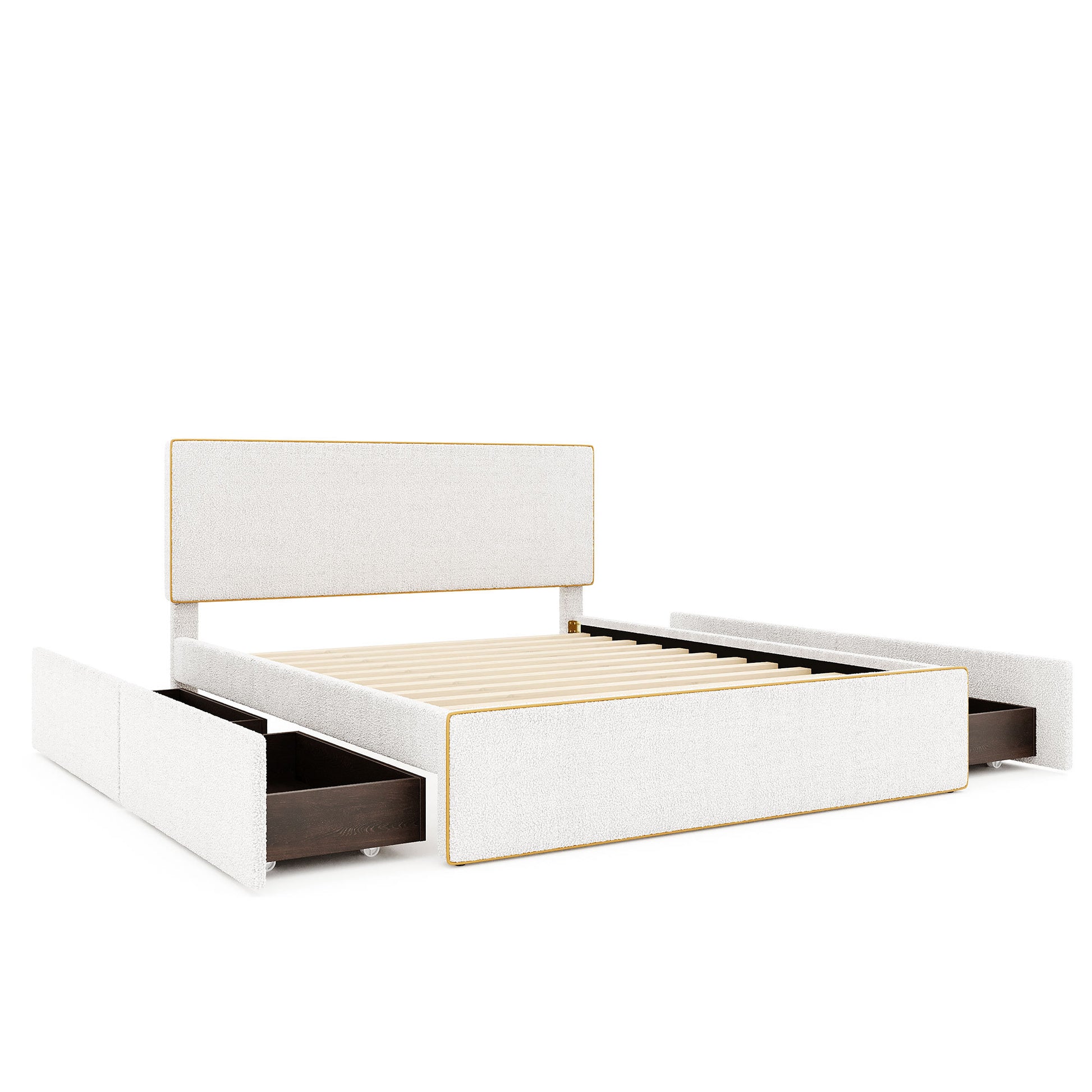 Queen Size Upholstered Platform Bed With 4 Drawers And Golden Edge On The Headboard & Footboard, White Queen White Upholstered