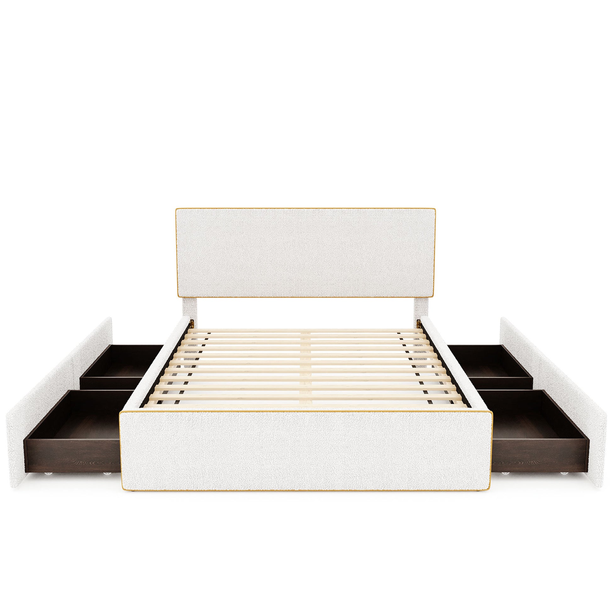 Full Size Upholstered Platform Bed With 4 Drawers And Golden Edge On The Headboard & Footboard, White Full White Upholstered