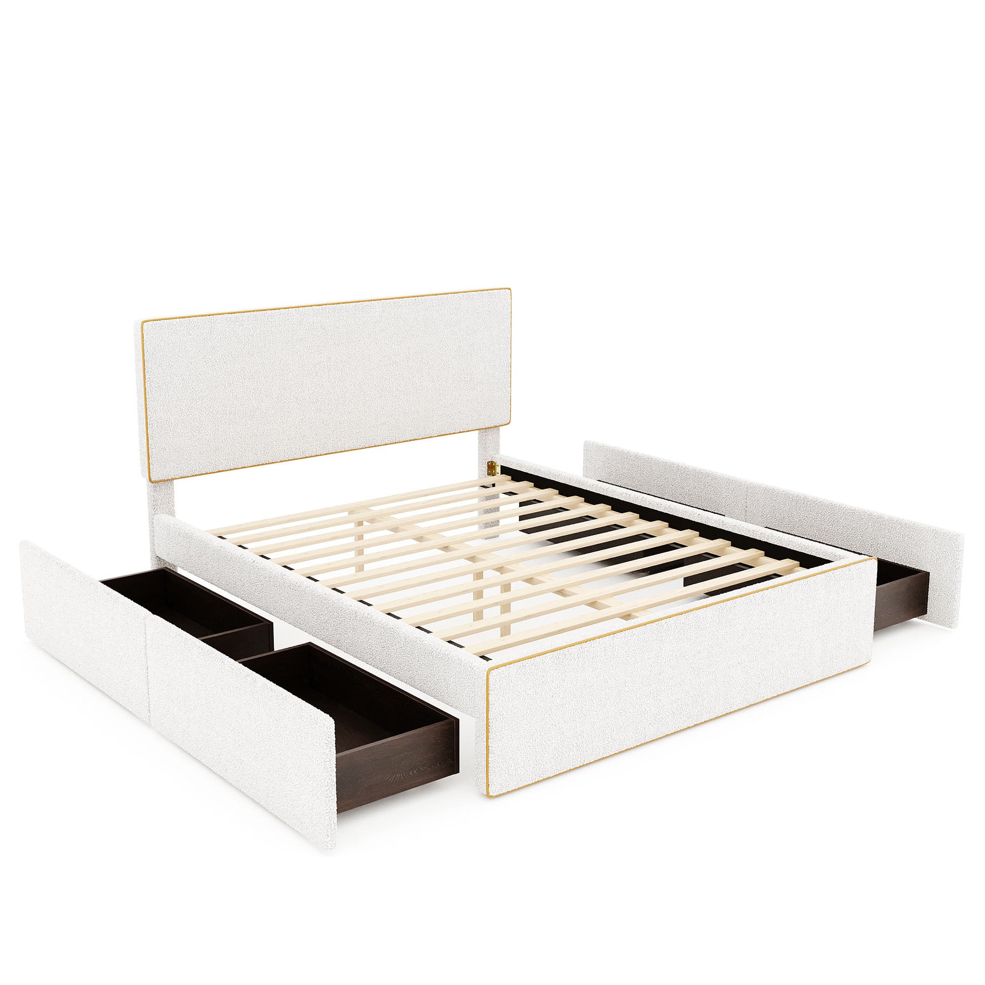 Full Size Upholstered Platform Bed With 4 Drawers And Golden Edge On The Headboard & Footboard, White Full White Upholstered