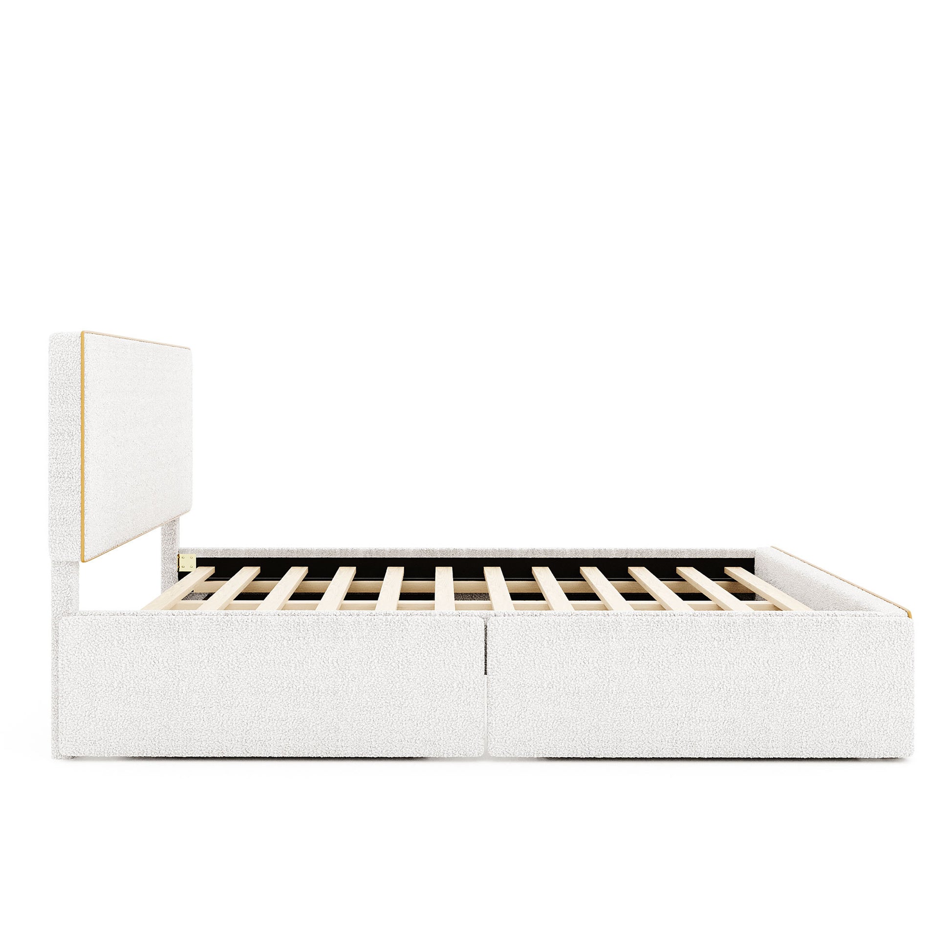 Queen Size Upholstered Platform Bed With 4 Drawers And Golden Edge On The Headboard & Footboard, White Queen White Upholstered