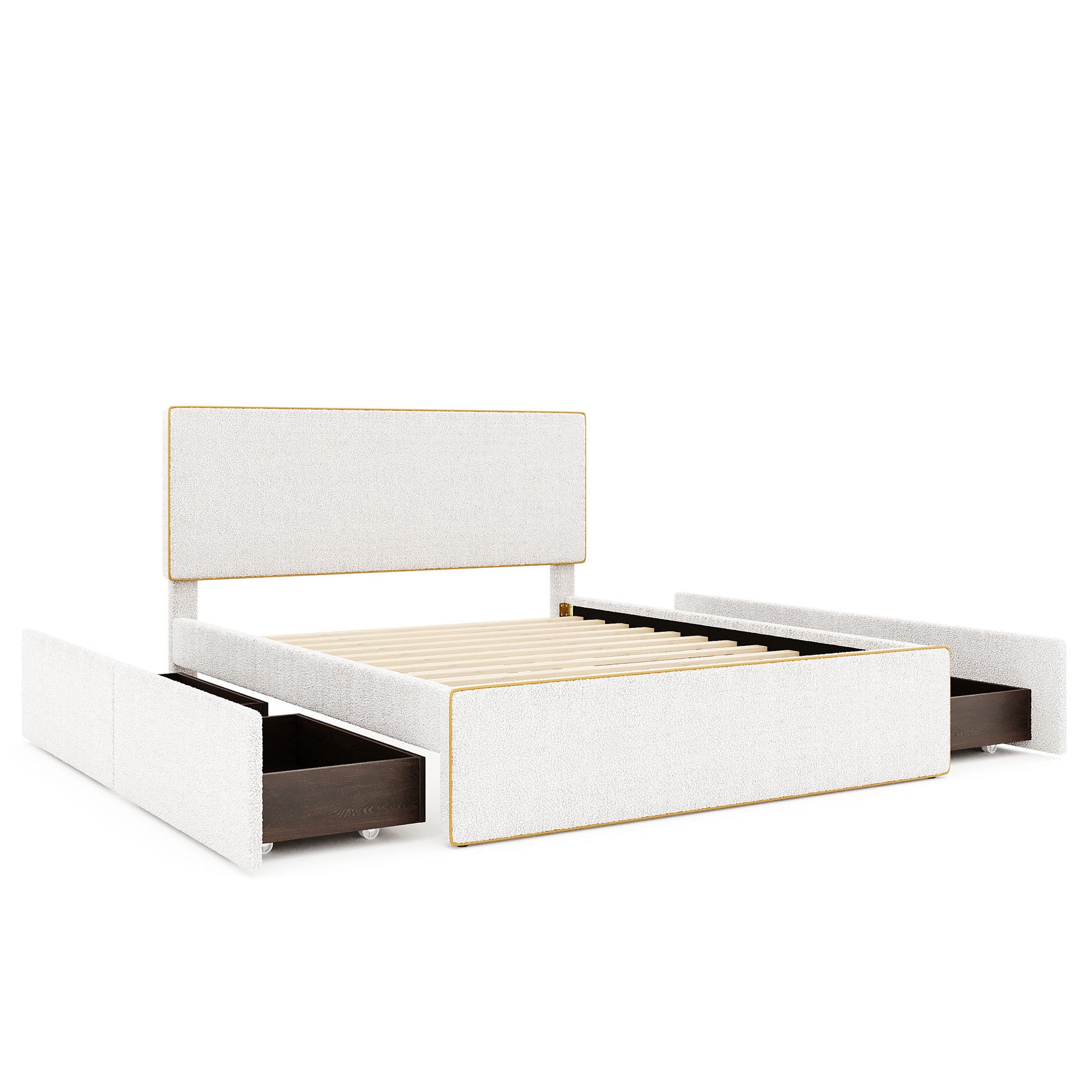 Full Size Upholstered Platform Bed With 4 Drawers And Golden Edge On The Headboard & Footboard, White Full White Upholstered