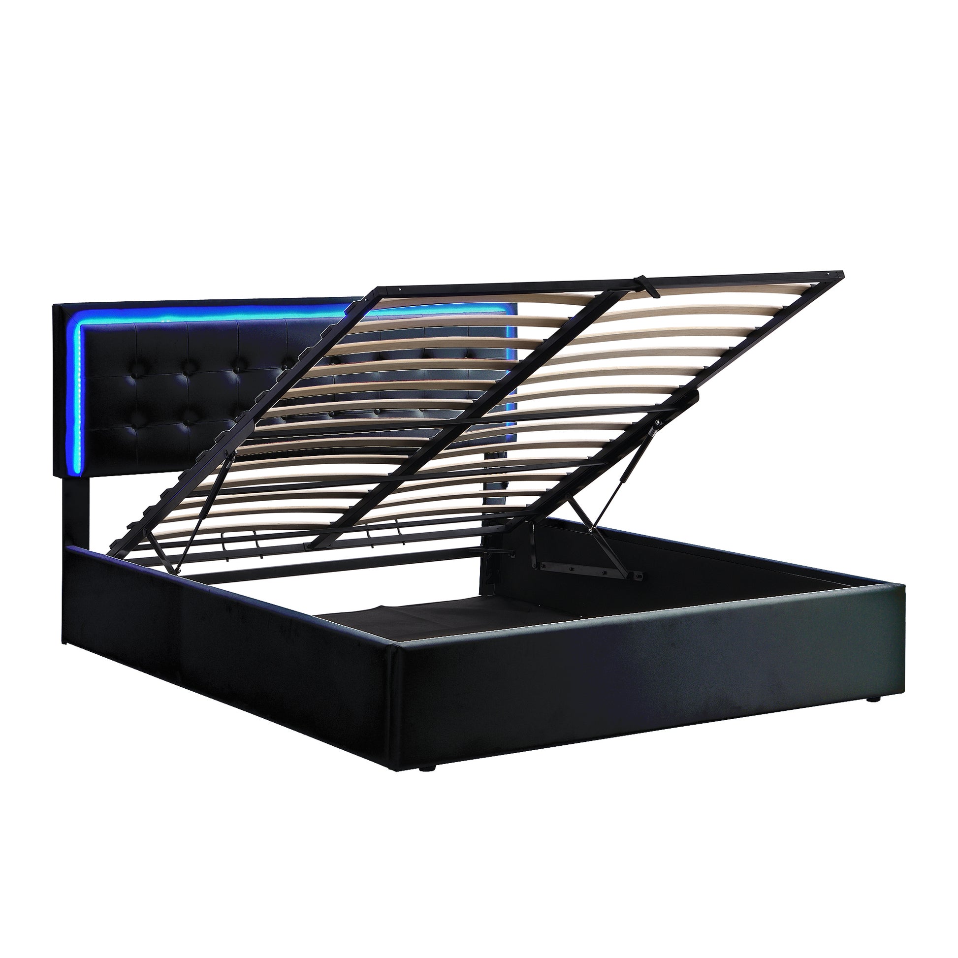 Queen Size Tufted Upholstered Platform Bed With Hydraulic Storage System,Pu Storage Bed With Led Lights,Black Black Pu