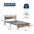 Industrial Queen Bed Frame With Led Lights And 2 Usb Ports, Bed Frame Full Size With Storage, Noise Free, No Box Spring Needed, Rustic Brown Rustic Brown Metal