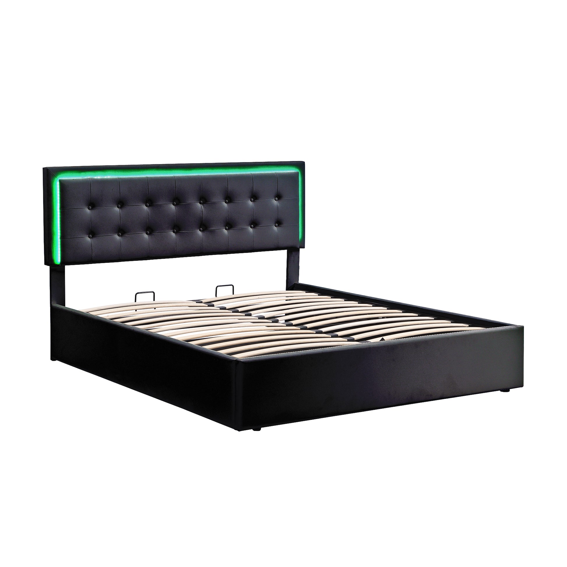 Queen Size Tufted Upholstered Platform Bed With Hydraulic Storage System,Pu Storage Bed With Led Lights,Black Black Pu