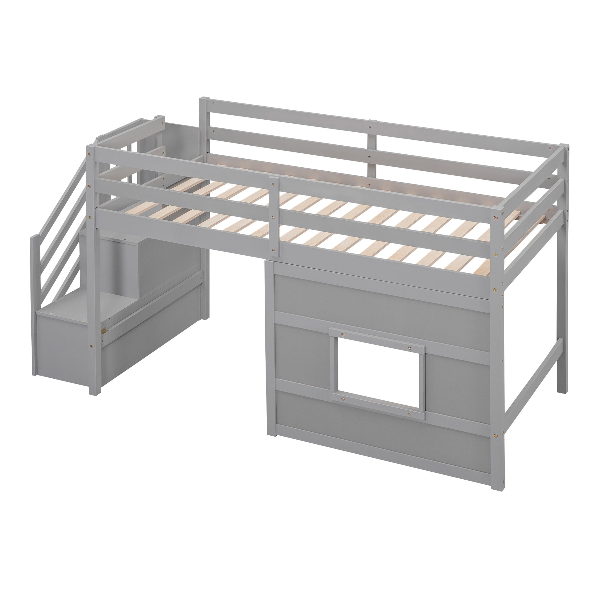 Twin Size Loft Bed With Storage Staircase And Window, Gray Box Spring Not Required Twin Gray Wood Bedroom Solid Wood Mdf