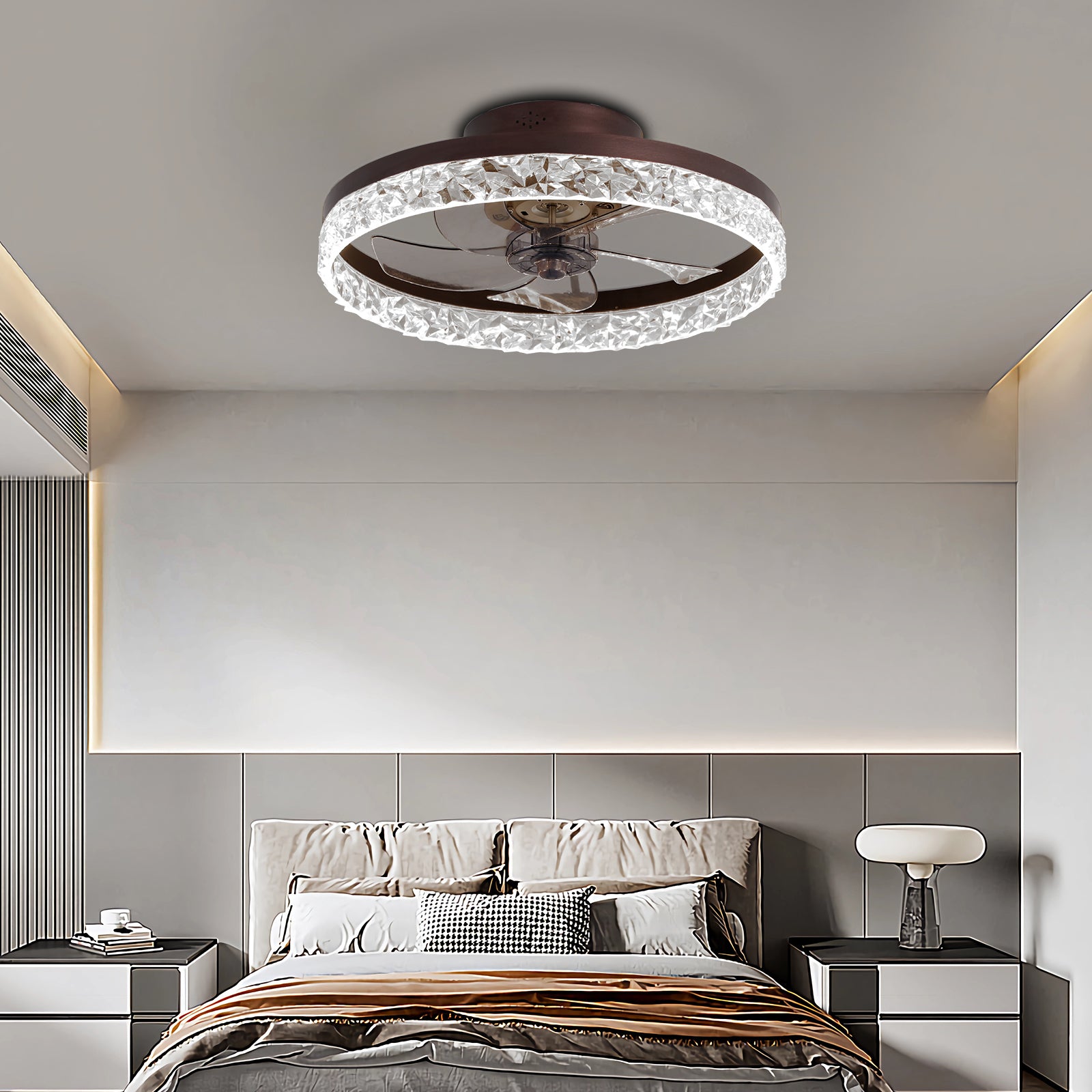 Low Profile Ceiling Fan With Light And Remote Control, Dimmable Led Ceiling Fan, 6 Speeds, Timing Reversible Blades, Brown, 20" Brown Modern Abs Aluminium