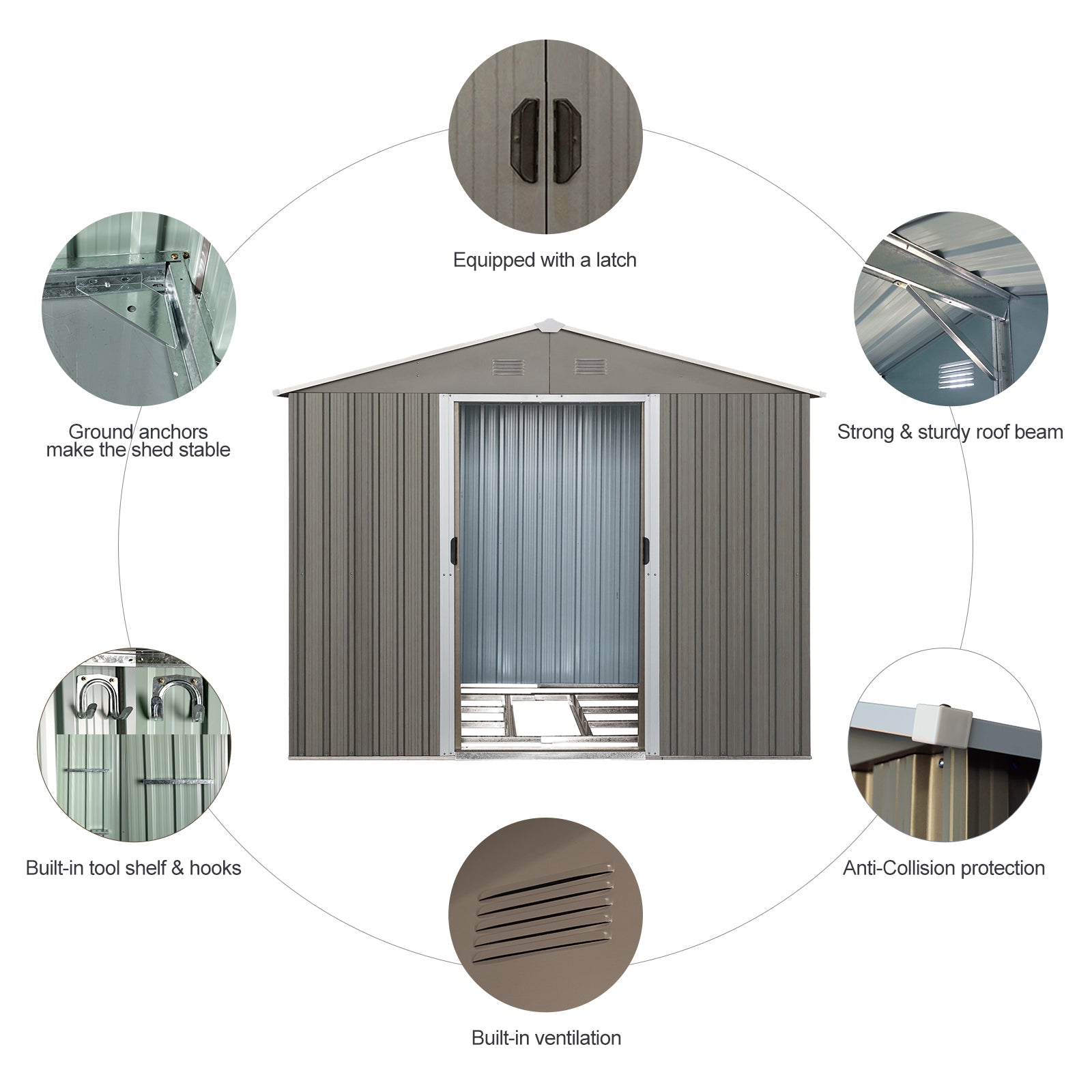 8X10Ft Outdoor Metal Storage Shed Grey Gray Iron