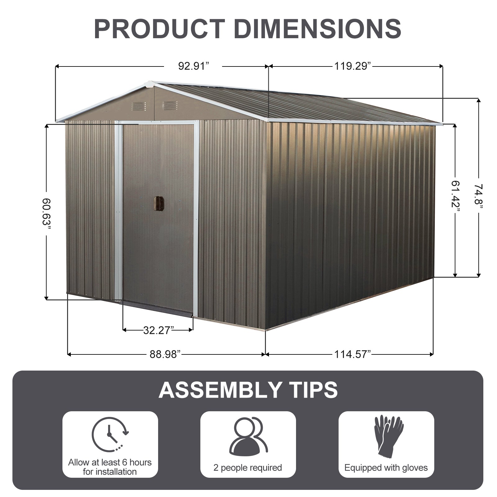 8X10Ft Outdoor Metal Storage Shed Grey Gray Iron