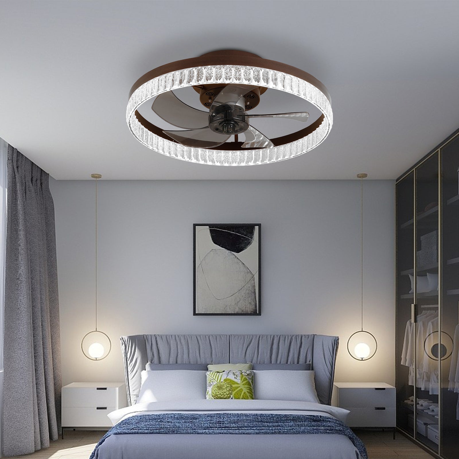 Ceiling Fans With Lights, Minimalist Ring Led Chandelier Fan With Remote Control Modern Ceiling Lamp For Bedroom Nursery Living Room Brown Iron
