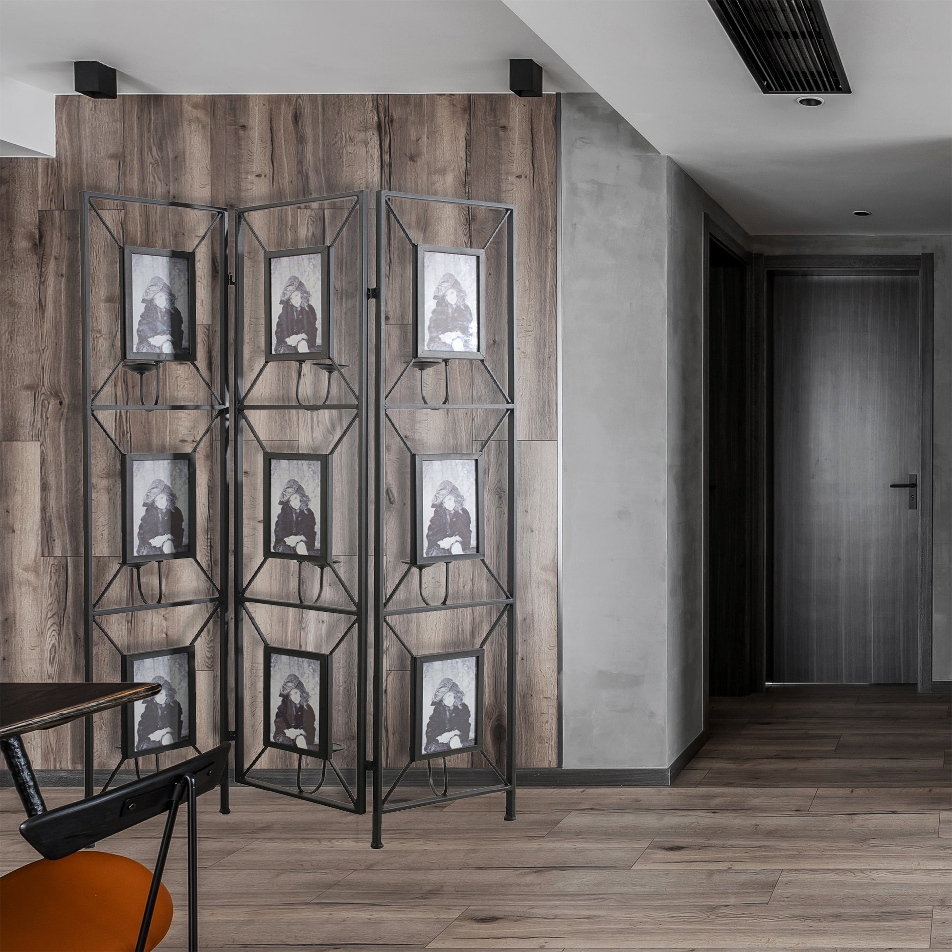 47X71" Room Photo Frames Screen Divider Screens, 3 Panel Decorative Screen With Photo Frames, Antique Mirror, Candle Stick Black Metal