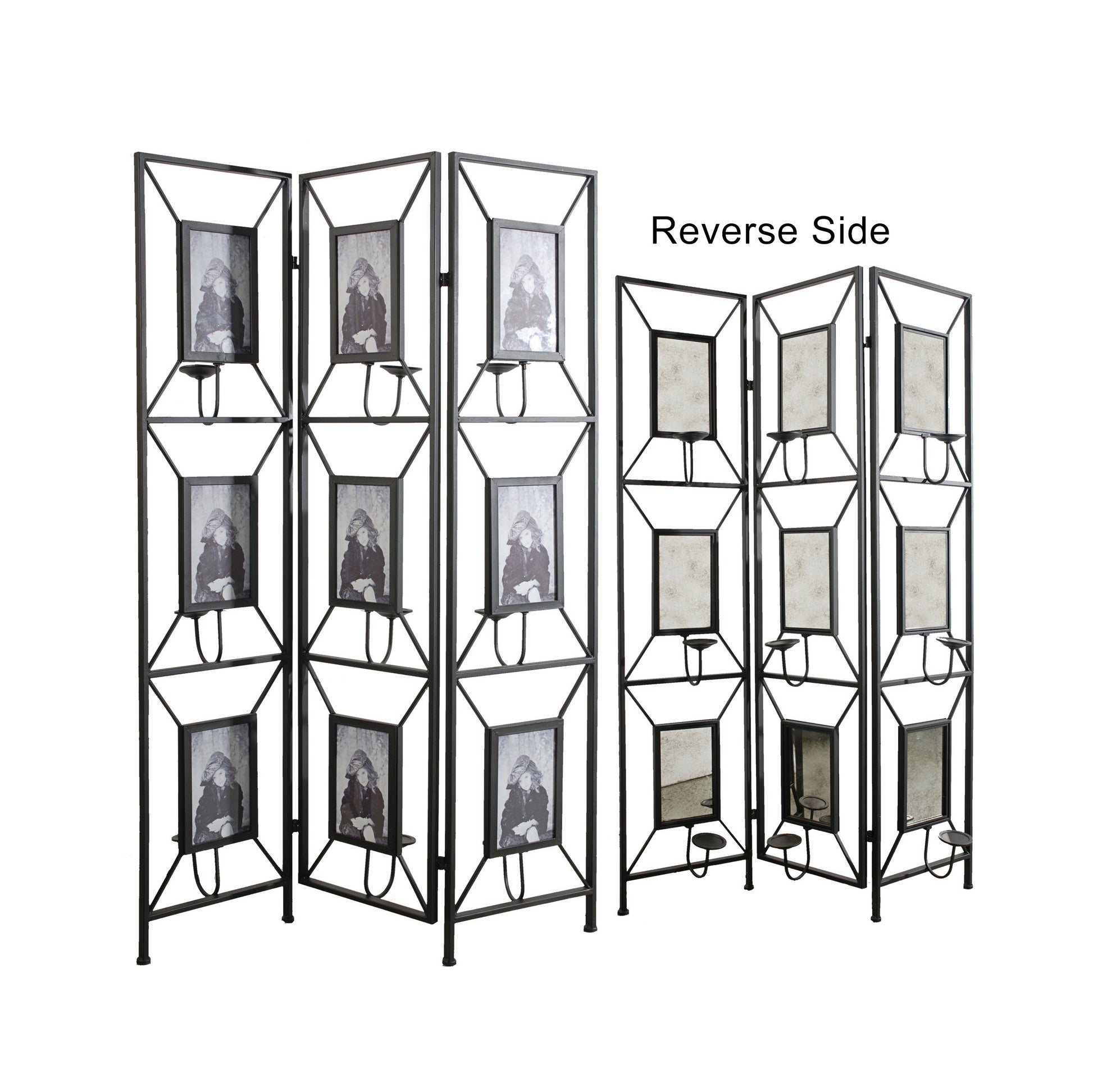 47X71" Room Photo Frames Screen Divider Screens, 3 Panel Decorative Screen With Photo Frames, Antique Mirror, Candle Stick Black Metal